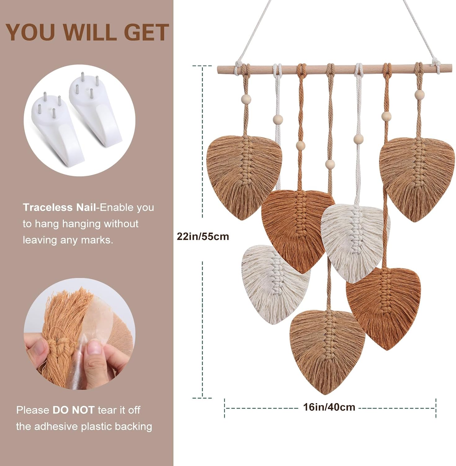 Boho Wall Decor Woven Feather Handmade Yarn Tassels Leaf Macrame Wall Art / Brown