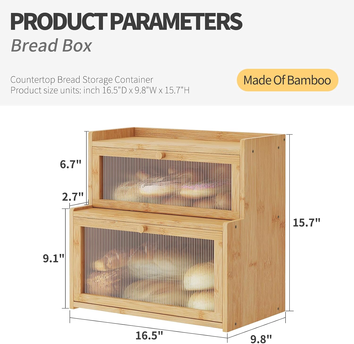 Double Layer Bamboo Bread Box for Kitchen Counter,Bread Holder,Countertop Bread Storage with Window (Natural)