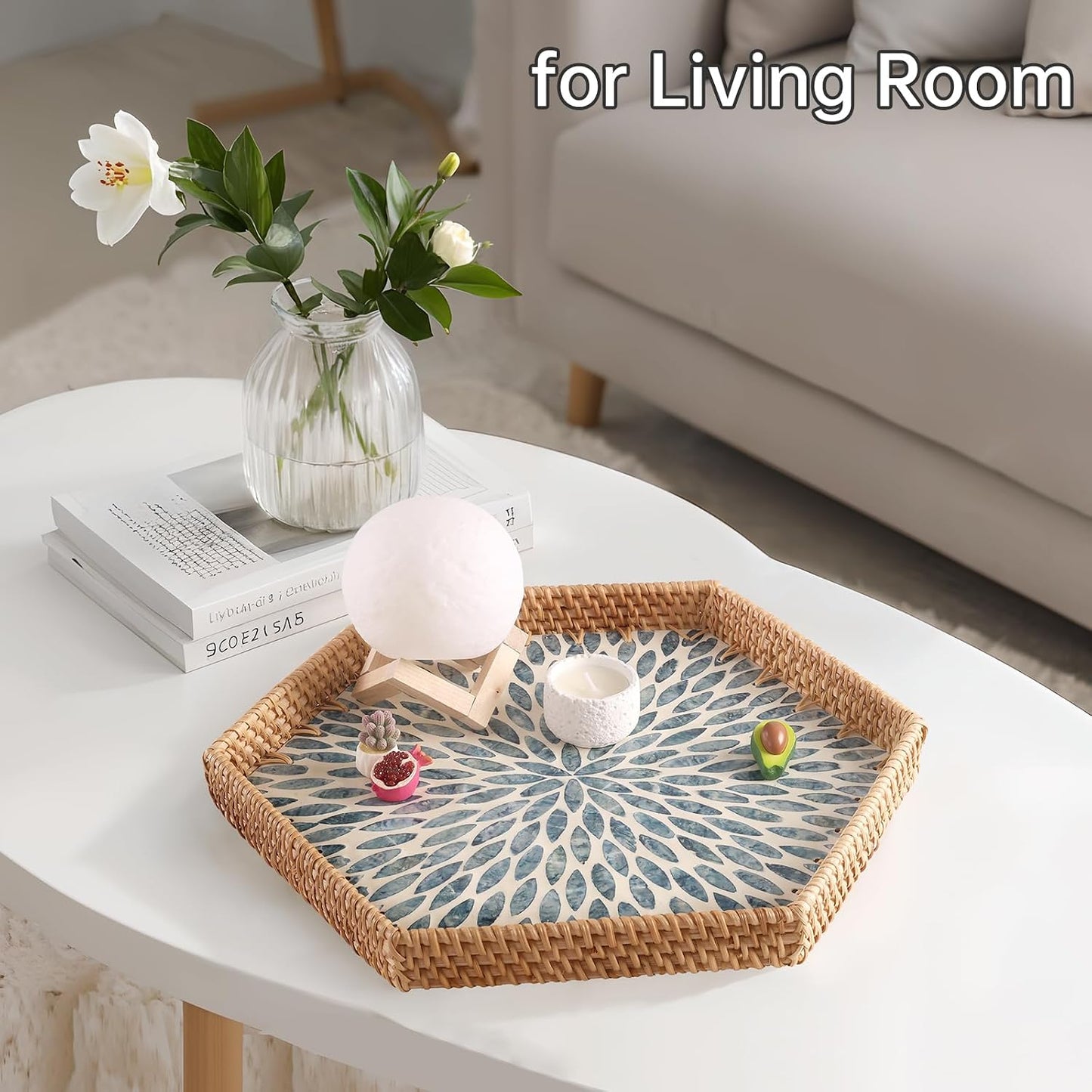 Hexagon Rattan Tray / Light Blue Leaves