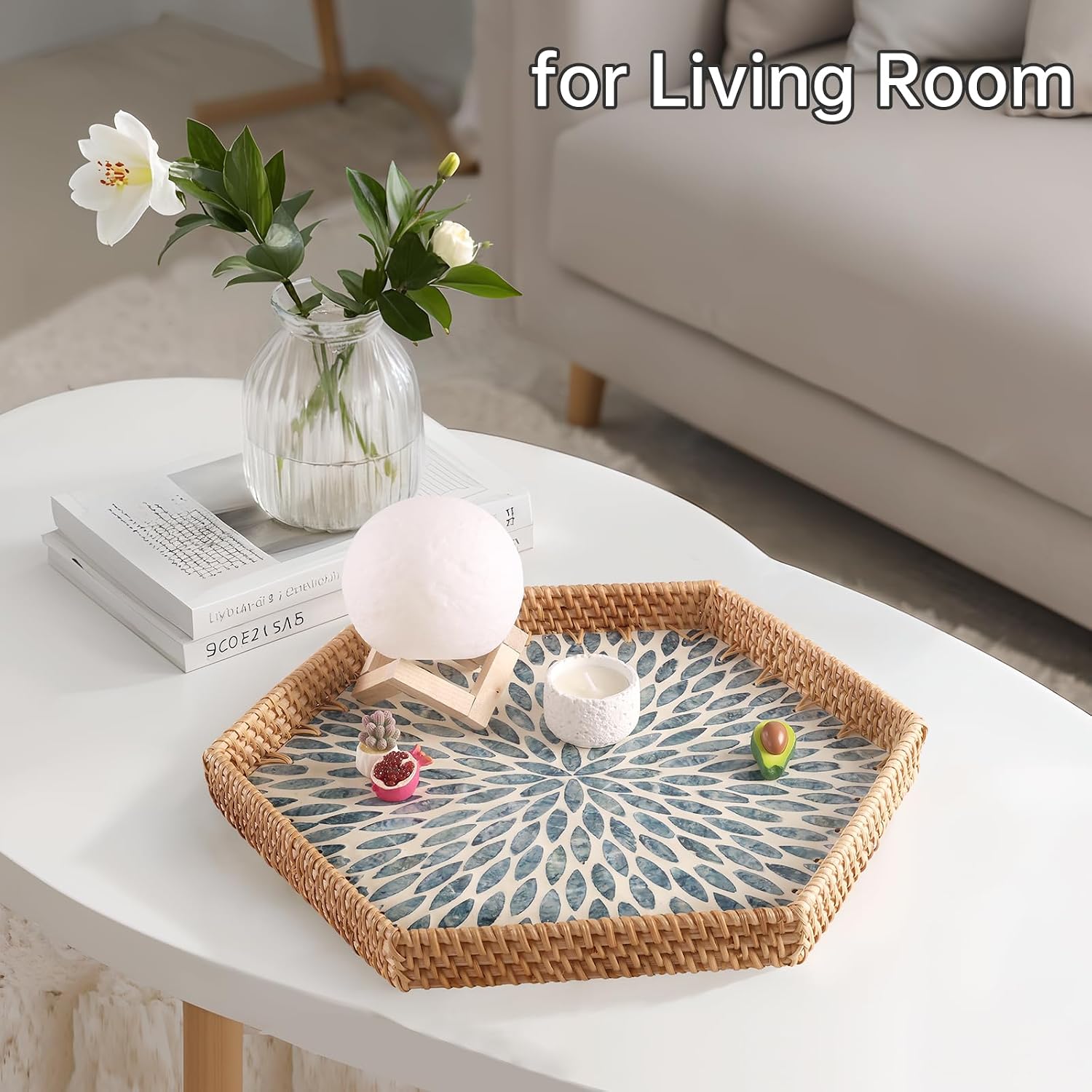 Hexagon Rattan Tray / Light Blue Leaves