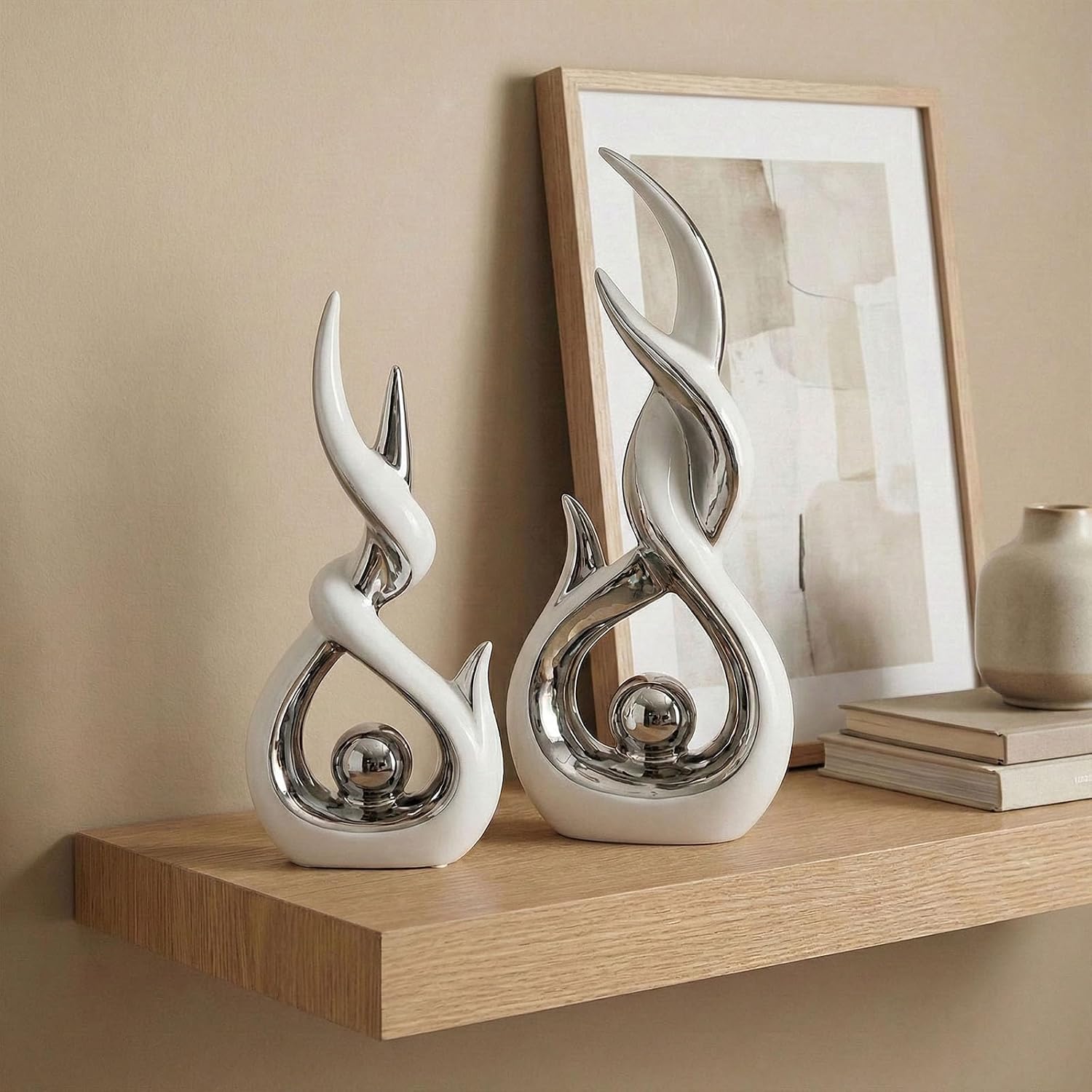 Abstract Ceramic Sculpture Modern Electroplated Figurines Decorative / White and Silver / Set of 2