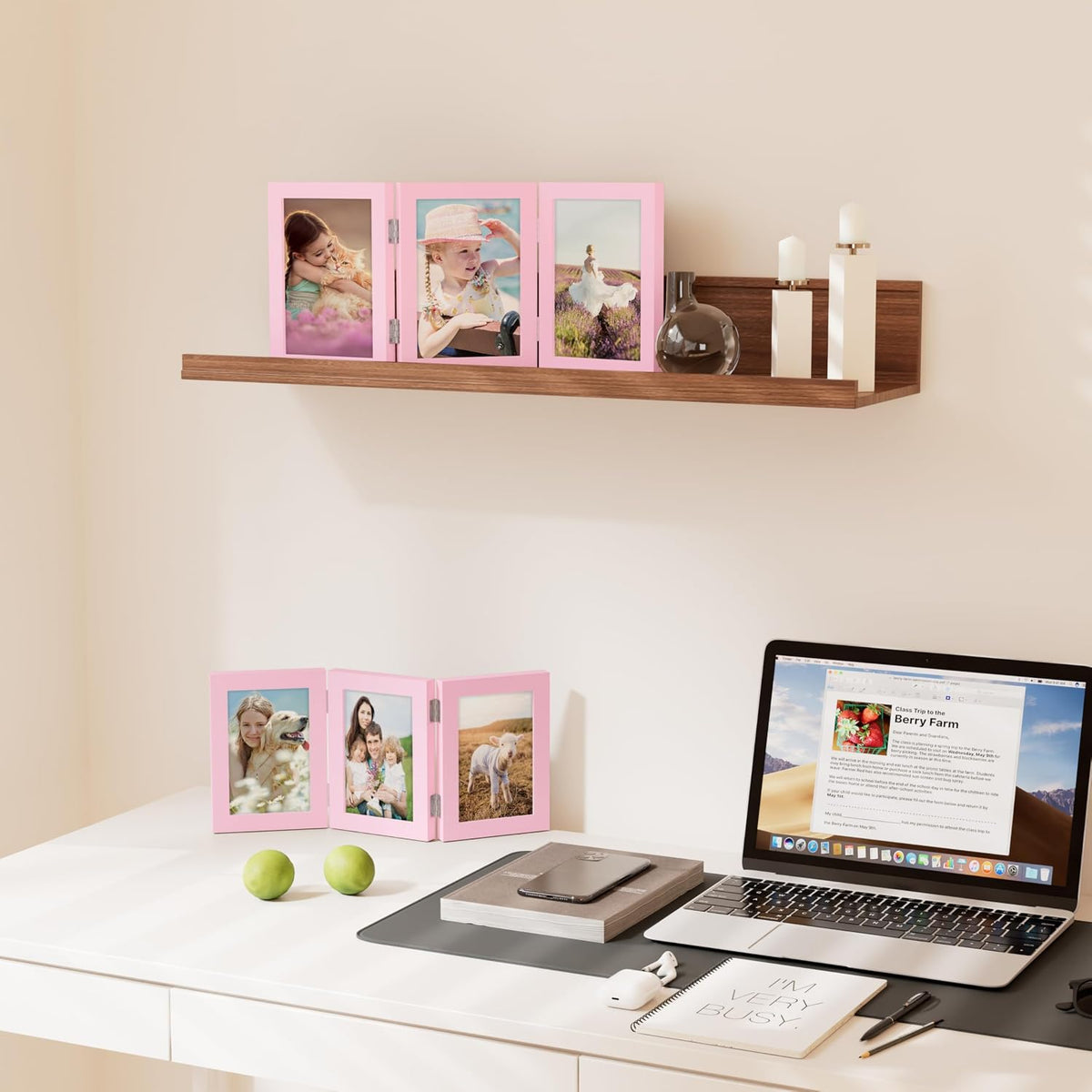 decorUhome Pink Triple 7x5 Picture Frame Horizontal, MDPK08 | "Z" Shape Folding Design Engineered Wood Trifold Photo