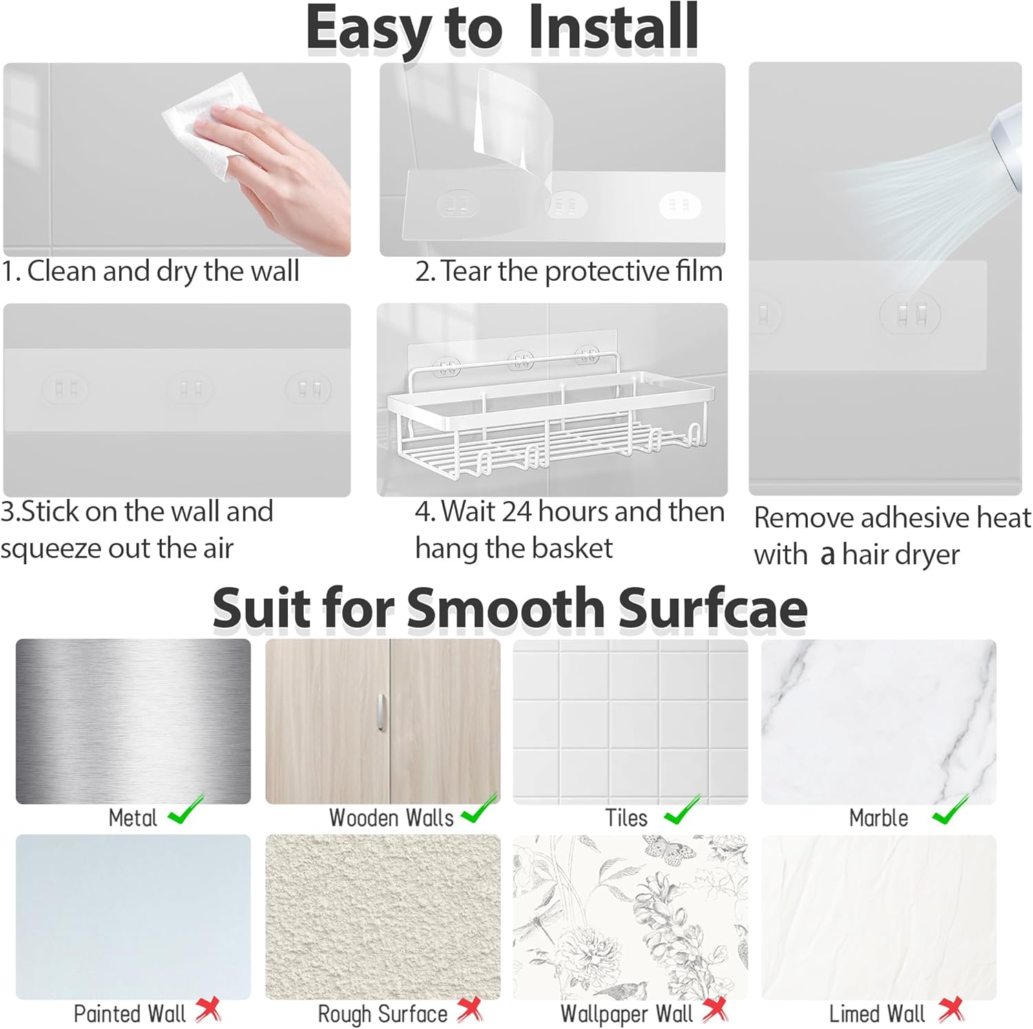 Self Adhesive Bathroom Wall Storage Basket Rustproof / Grey / Set of 5