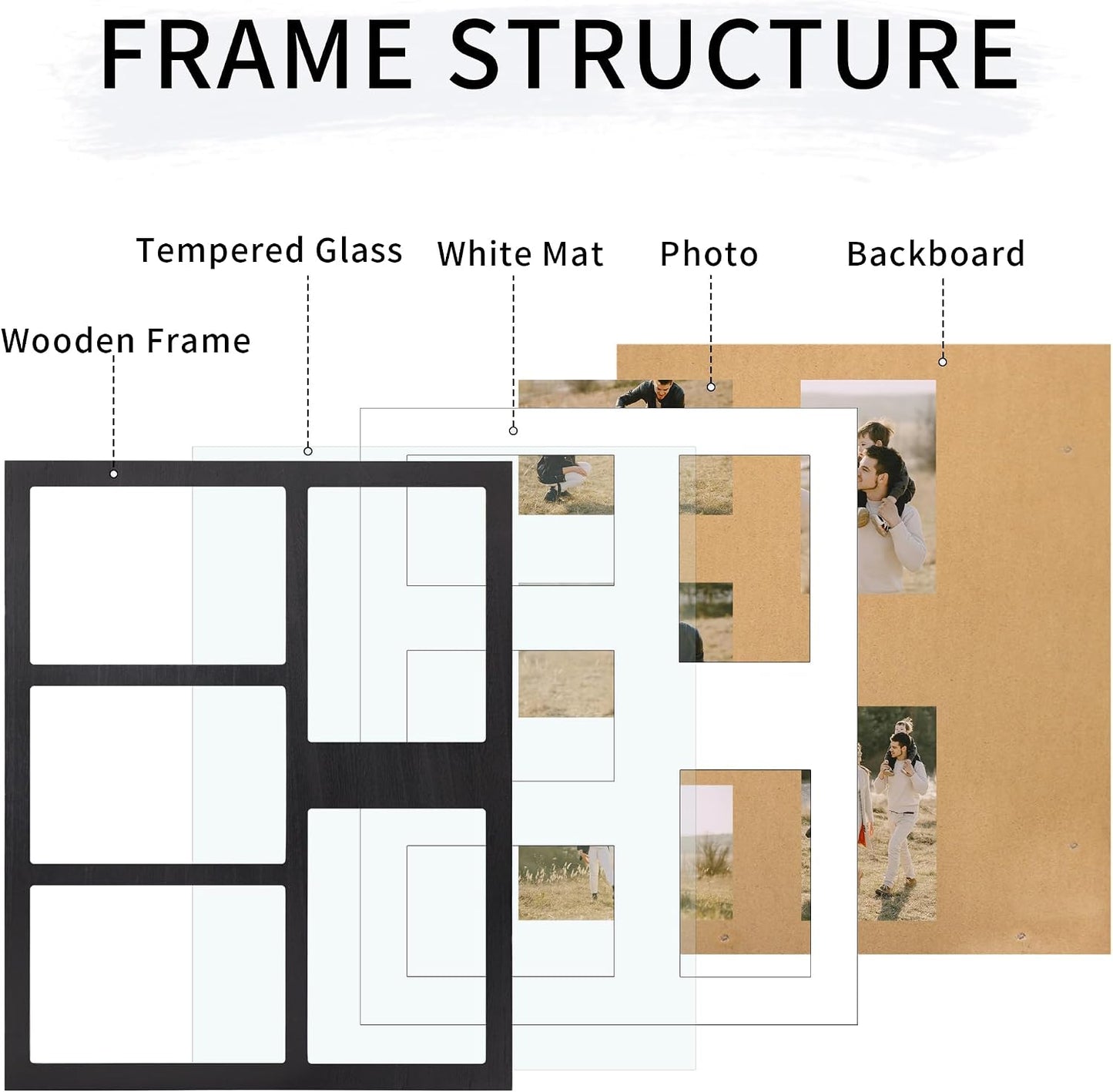 YESKAY 4x6 or 5x7 Picture Frames, Black Rustic Wooden Frame with Real Glass, Displays Pictures Five 4x6 with Mat or