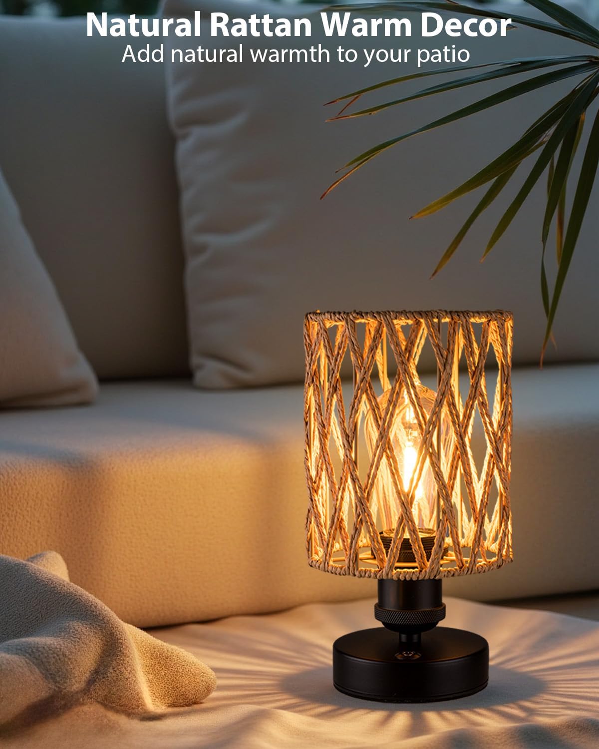 Cordless Outdoor Table Lamps, Small Rattan Boho, Rechargeable Battery Operated for Outdoor Patio, Home, Living Room