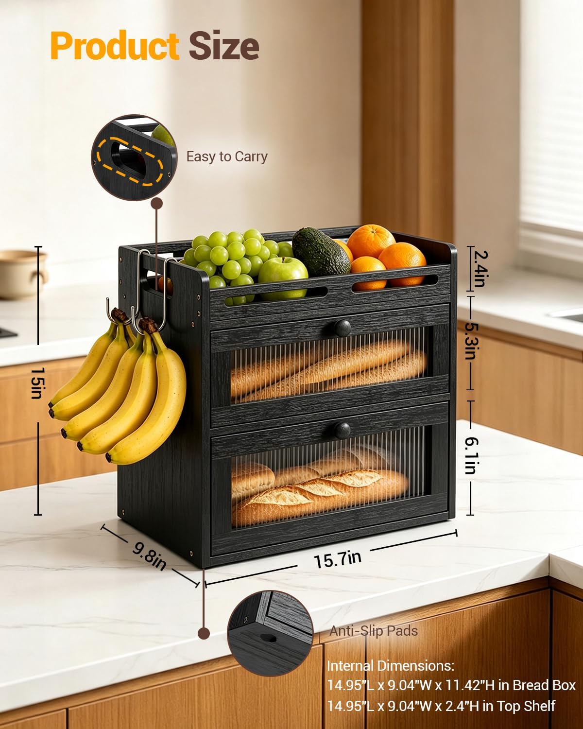 Bread Box for Kitchen Countertop, 2-Tier Bamboo Storage with Raised Shelf | Black, Large Bread Container, 2 Banana