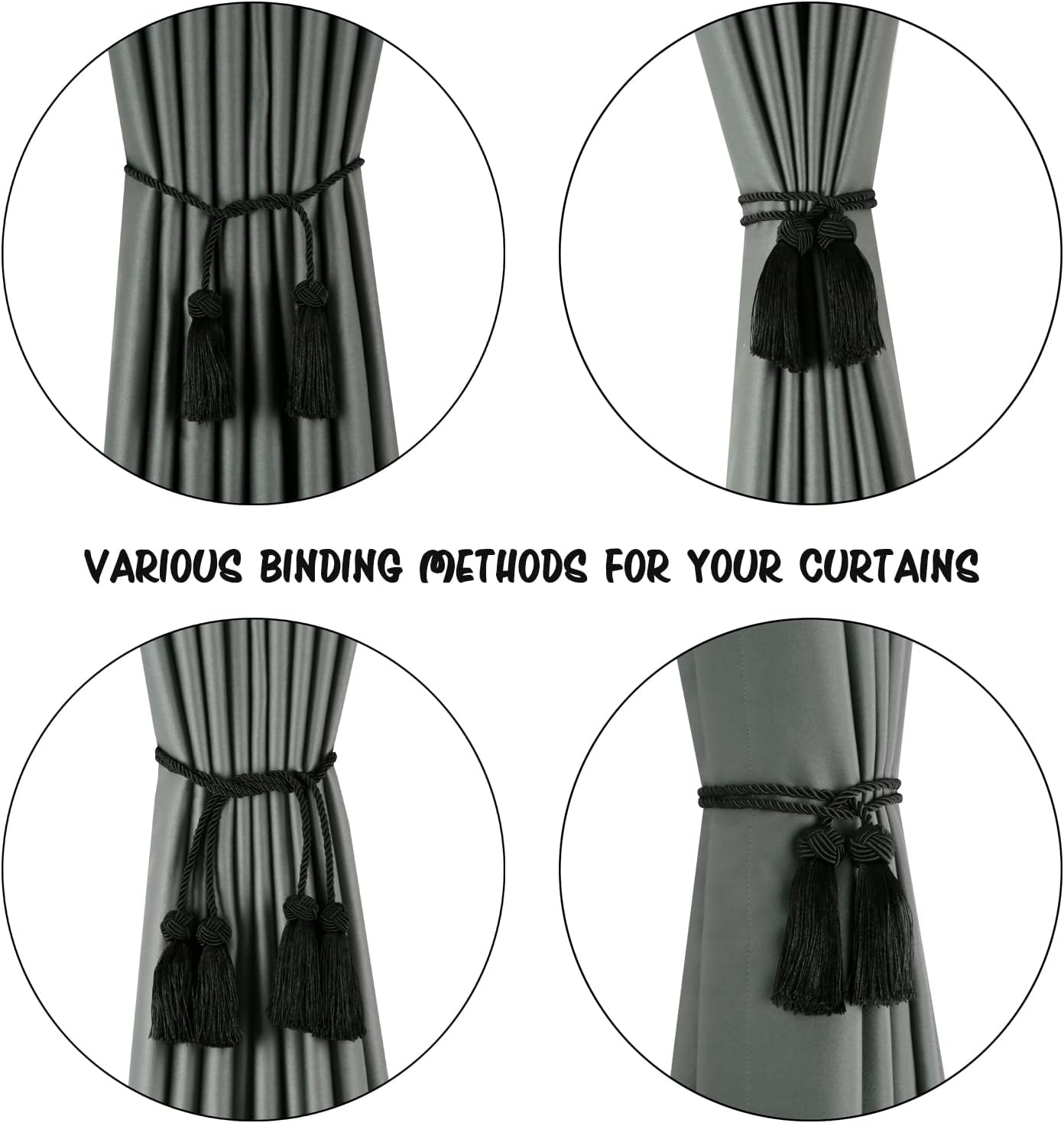 BEL AVENIR 6 Pack Handmade Rope Tassel Curtain Tiebacks | Decorative Curtain Holdbacks with Tassel (Black, 6 Pack)