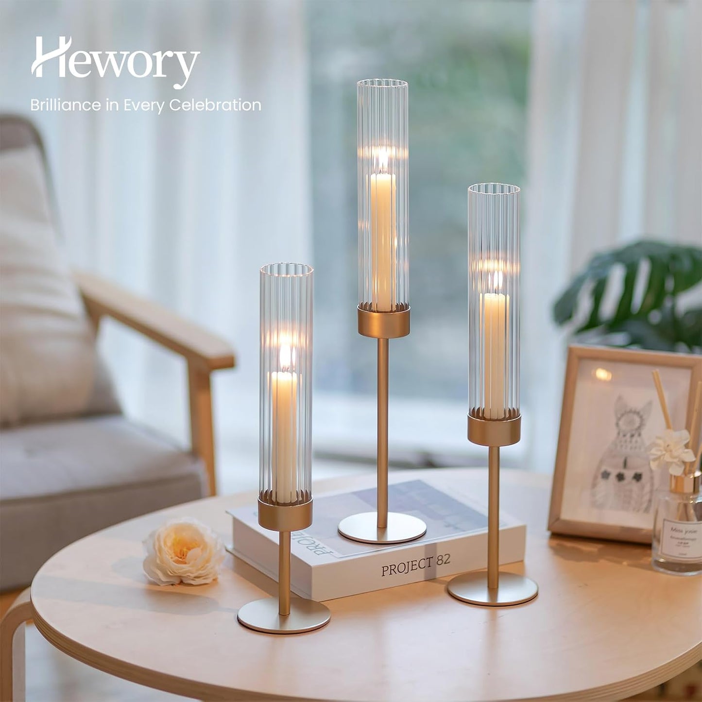 Hewory Gold Hurricane Candle Holder: 6PCS Candlestick Holders for Decor | Ribbed Glass, Brass Taper Candle Holders at 3