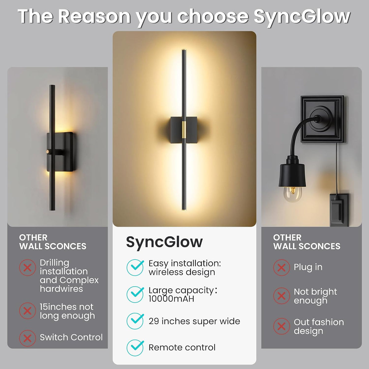 10000mAh Battery Operated Wall Sconces Set of 2, Black Gold-29Inch | 3CCT, Renter Friendly, Rechargeable, Remote, 360°