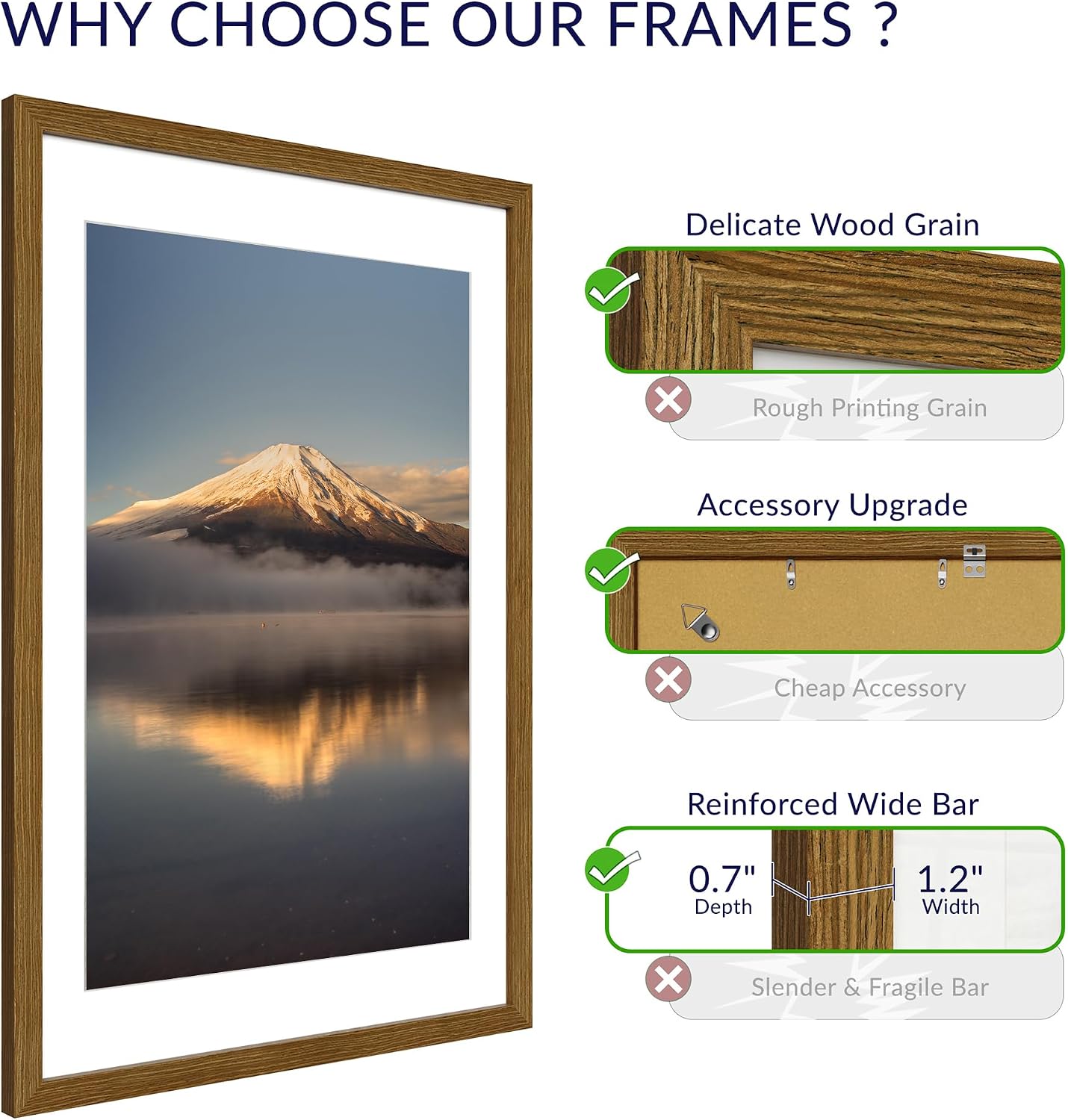 24X36 Poster Frame, Display Pictures 20X30 with Mat or 24X36 Without, Wall Hanging Frames, Rustic Brown, 3 Pack