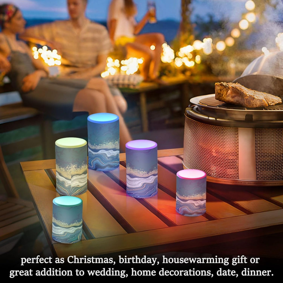 Flickering Flameless Candles, Navy Blue Marble Golden Veins LED Candles with Remote Timer, Set of 2 Battery Operated