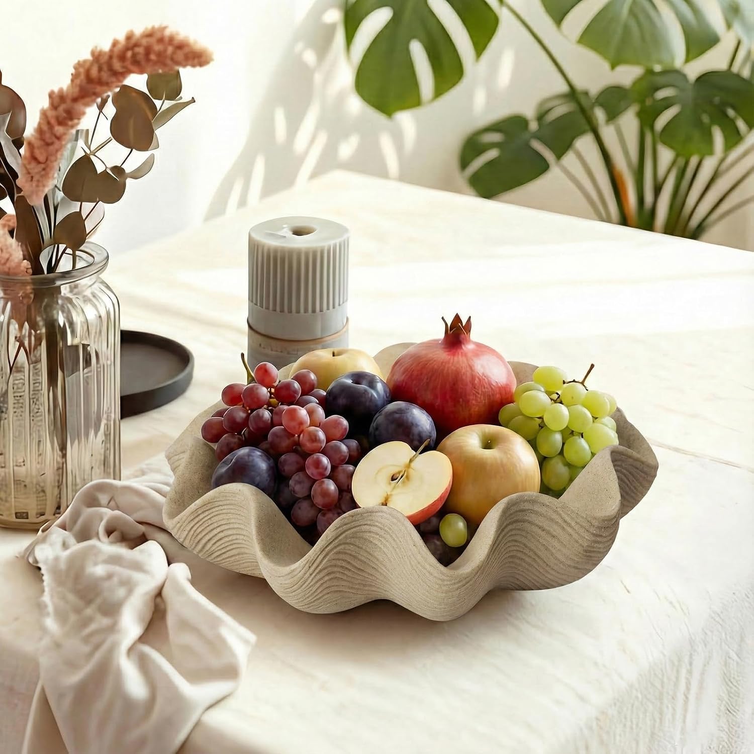 Scalloped Decorative Bowl Home Decor / Artificial Stone Beige