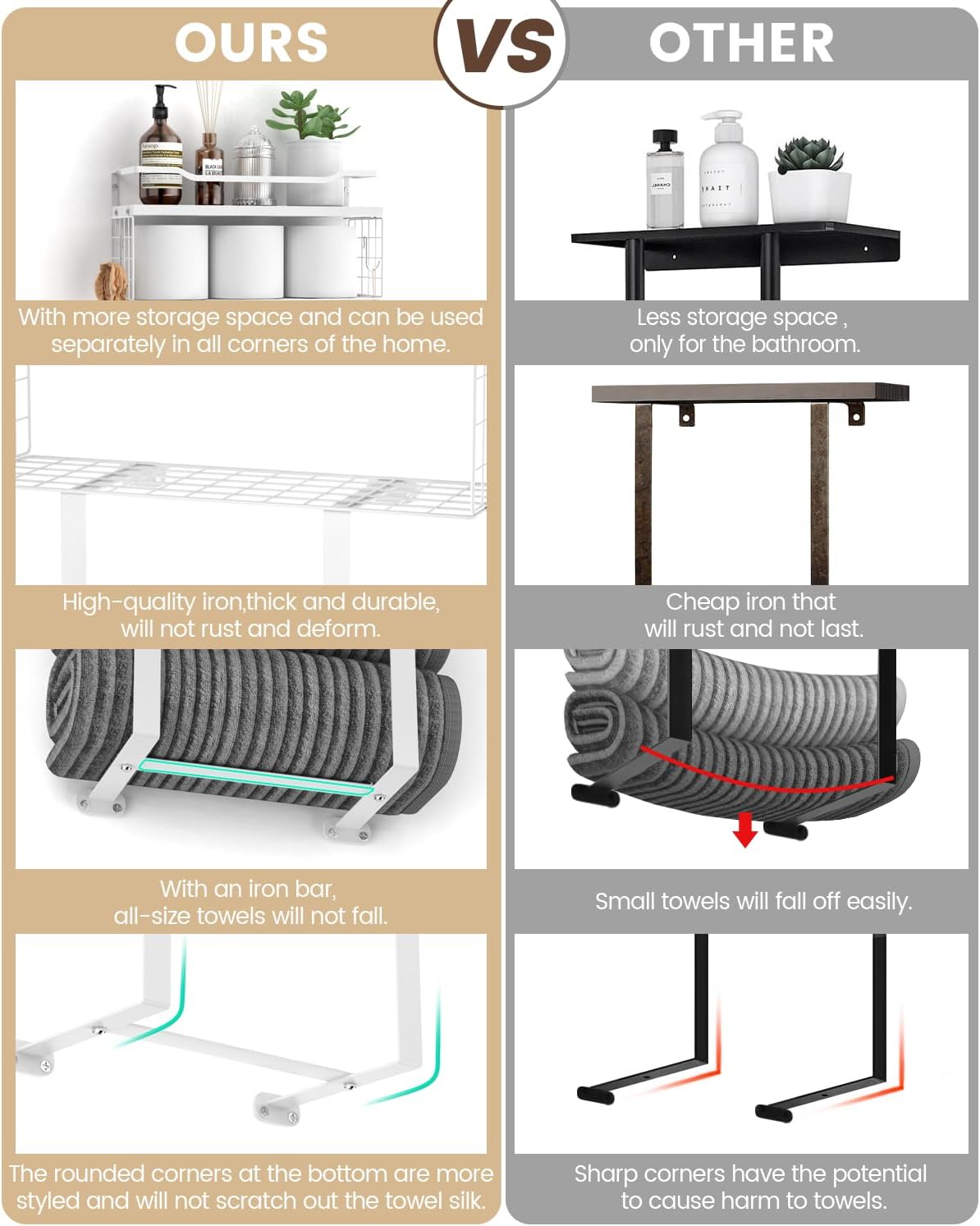 Towel Racks for Bathroom Wall Mounted - Bath Wall Towel Holder Set Above Toilet Storage, Rolled Towel Shelf Organizer