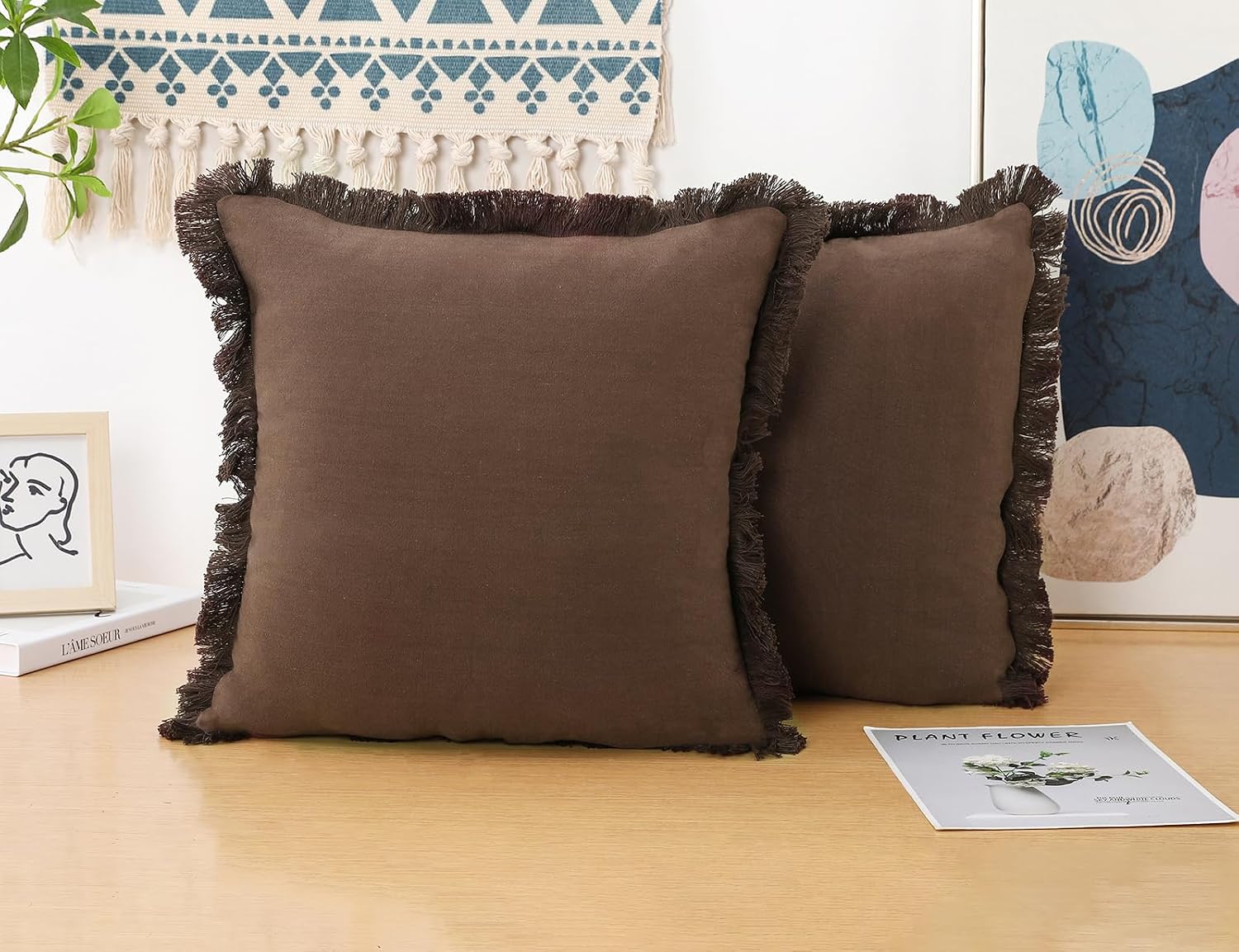 Linen Fringed Throw Pillow Covers / Chocolate / 18 x 18 / Natural / Set of 2