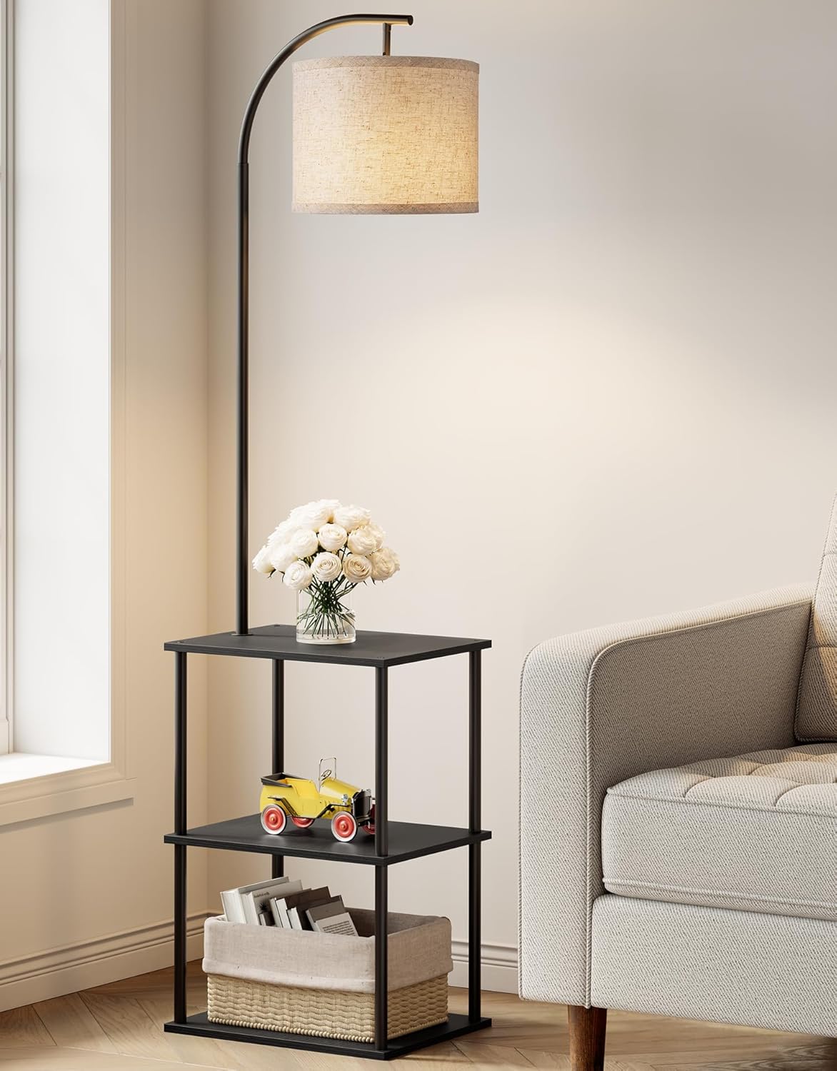 PARTPHONER Floor Lamp with Table, Night Stand with Lamp, Narrow Side Table with 3CCT LED Bulb, Small Coffee Table