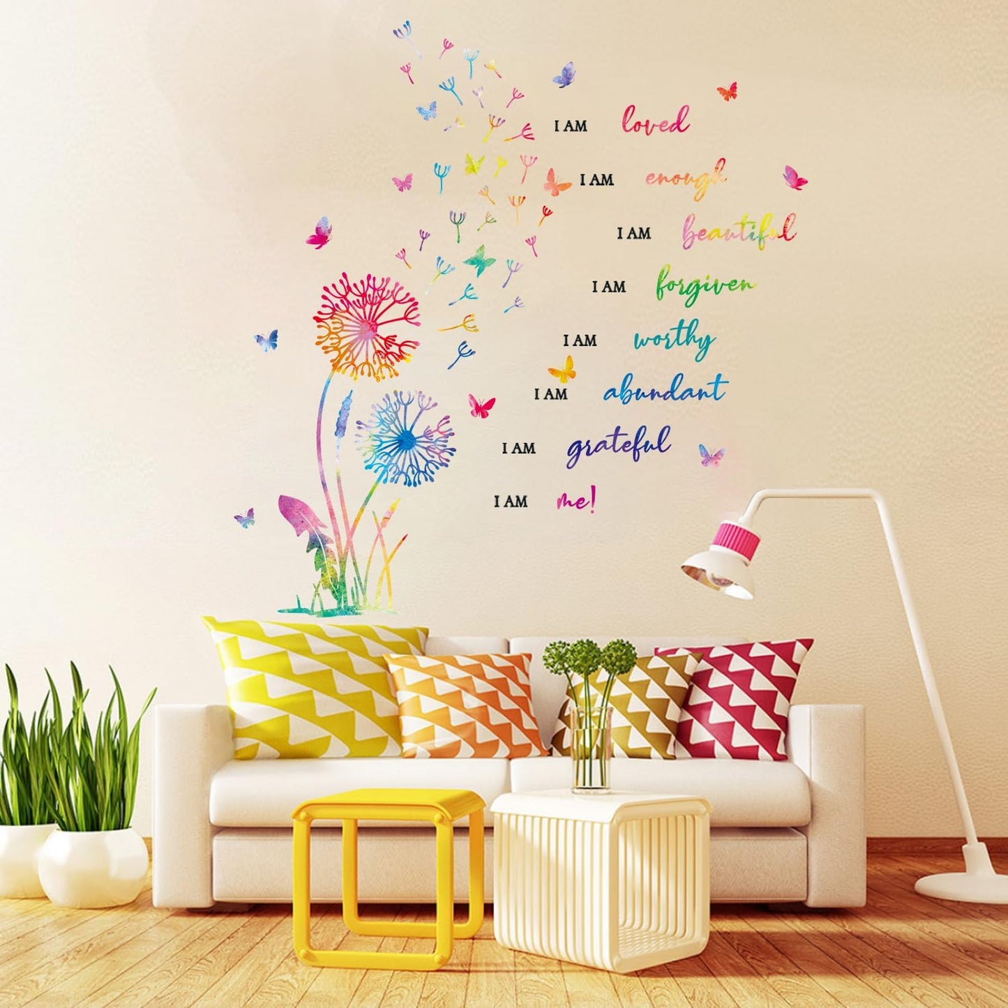 Butterfly Positive Affirmation Wall Decal / Dandelion Inspirational Saying Wall Sticker / Set of 75