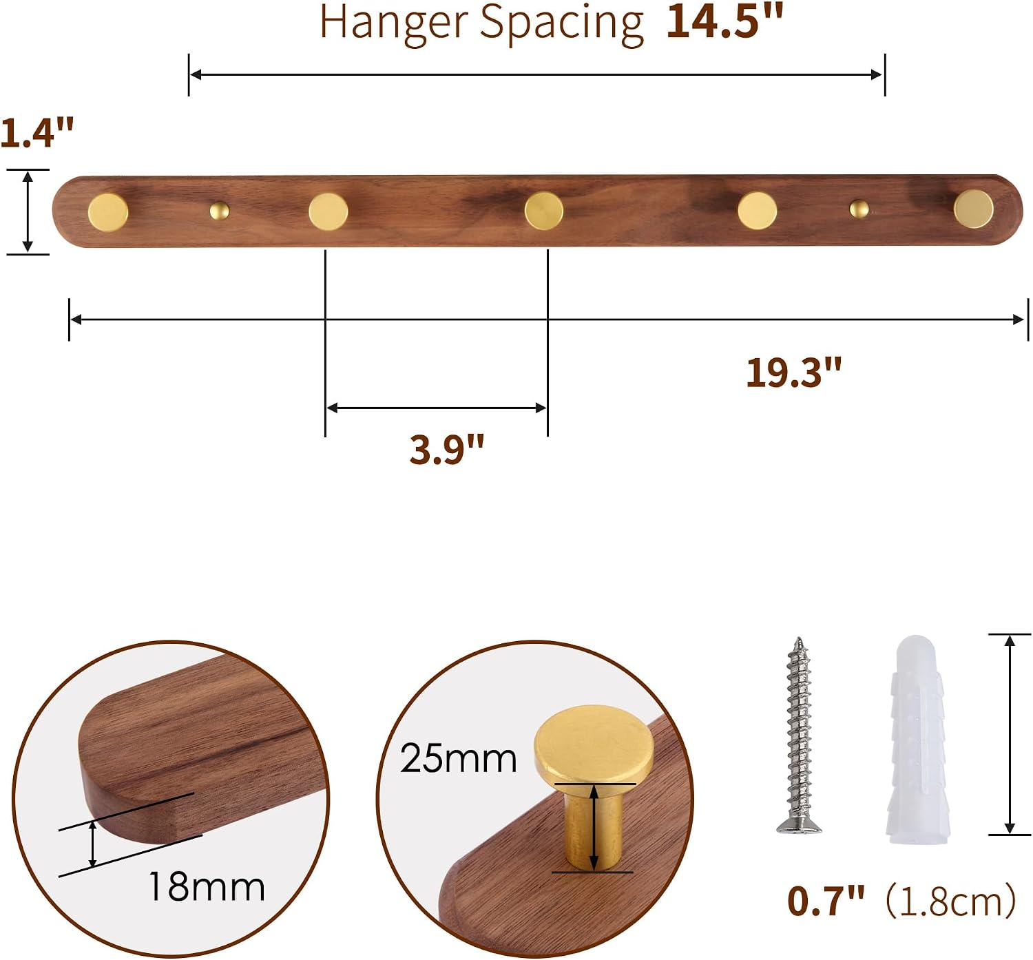 Wall Mounted Coat Rack, Metal Wood, with 5 Hooks | Walnut Gold Matt, For Coat, Scarf, Bag, Towel, Key, Cap, Hat