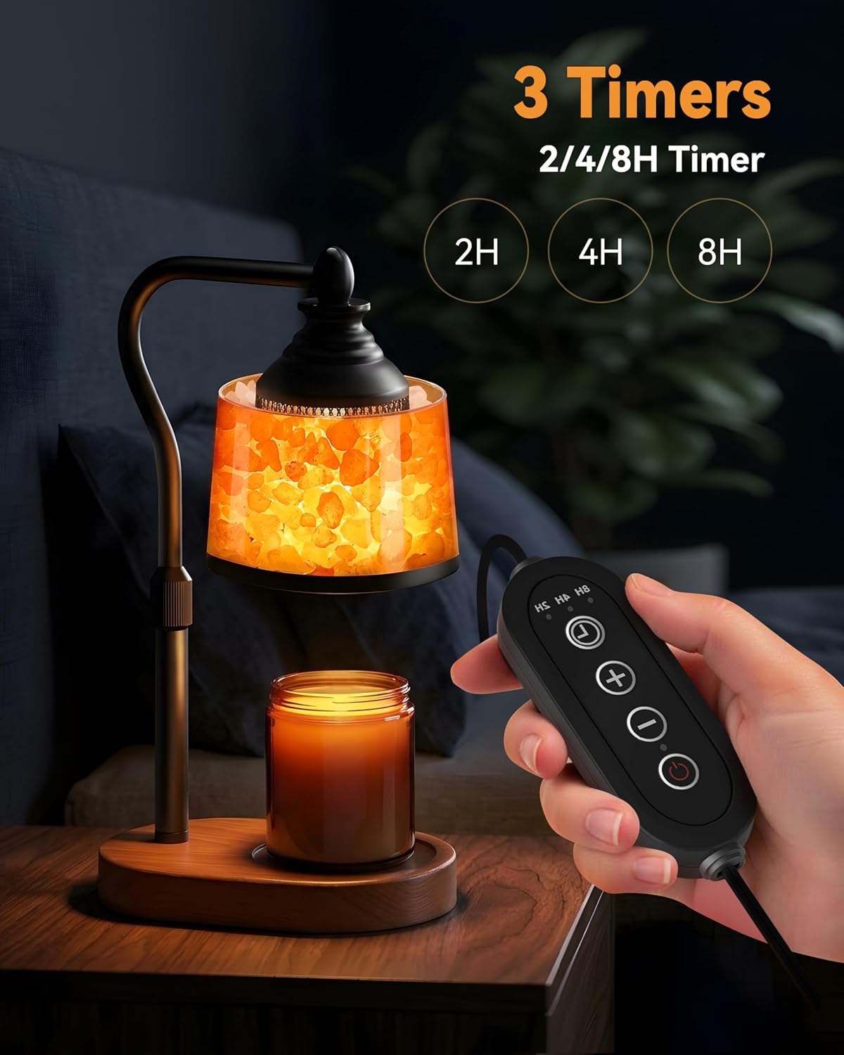 3-in-1 Candle Warmer Lamp with Himalayan Salt & Diffuser | Dimmable Top Down Wax Melt Warmer with Timer, Amber Glass
