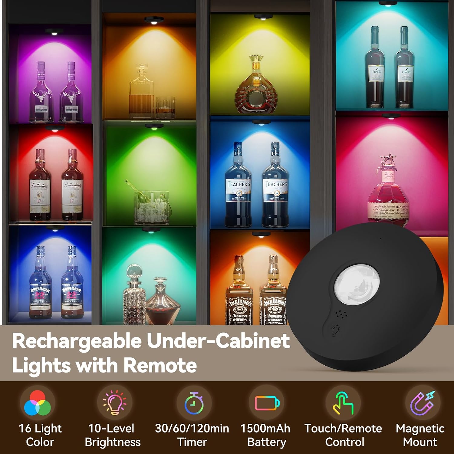 Rechargeable Puck Lights with Remote, 12 Pack Magnetic Under Cabinet Lighting, 1500mAh Battery Operated LED Tap Lights