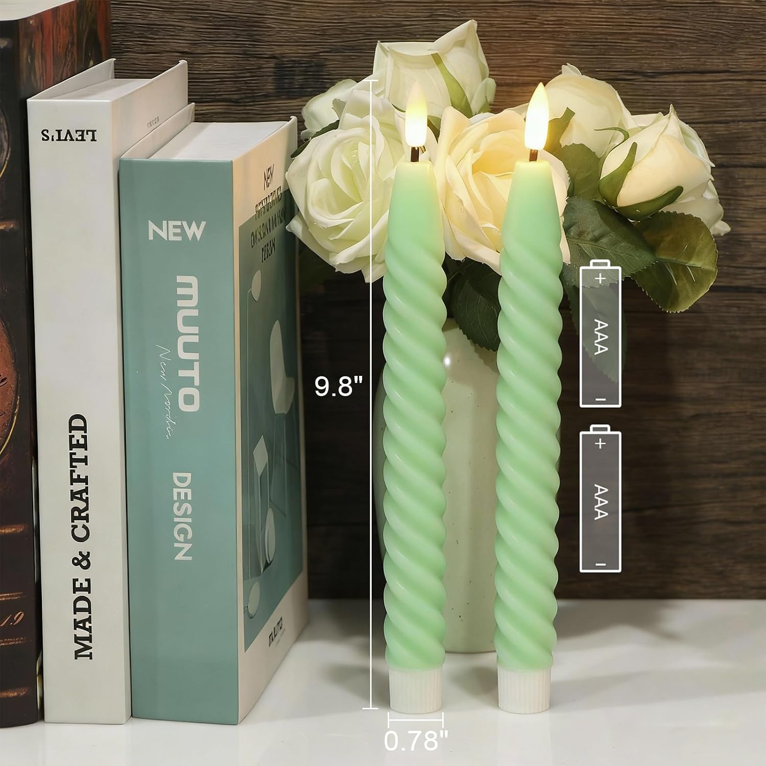 Green Flameless Taper Candles Flickering with Remote Timer | LED Spiral Taper Candles, Flameless Candlesticks, Battery