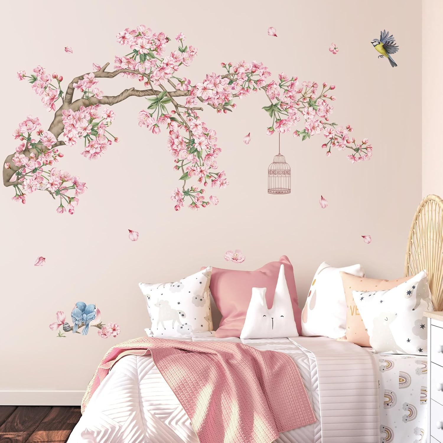 Cherry Blossom Tree Branch Wall Decals Flower Birds Wall Stickers Bedroom Living Room Sofa TV / Pink