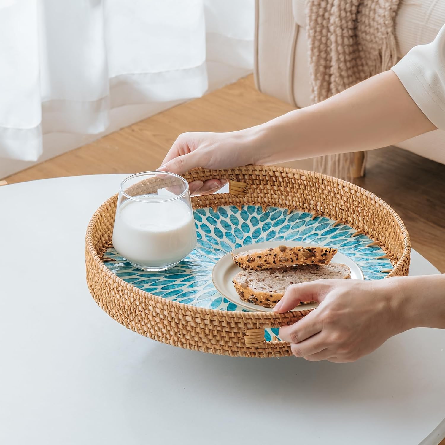 in Round Rattan Serving Tray / Blue / 13.8 Inch