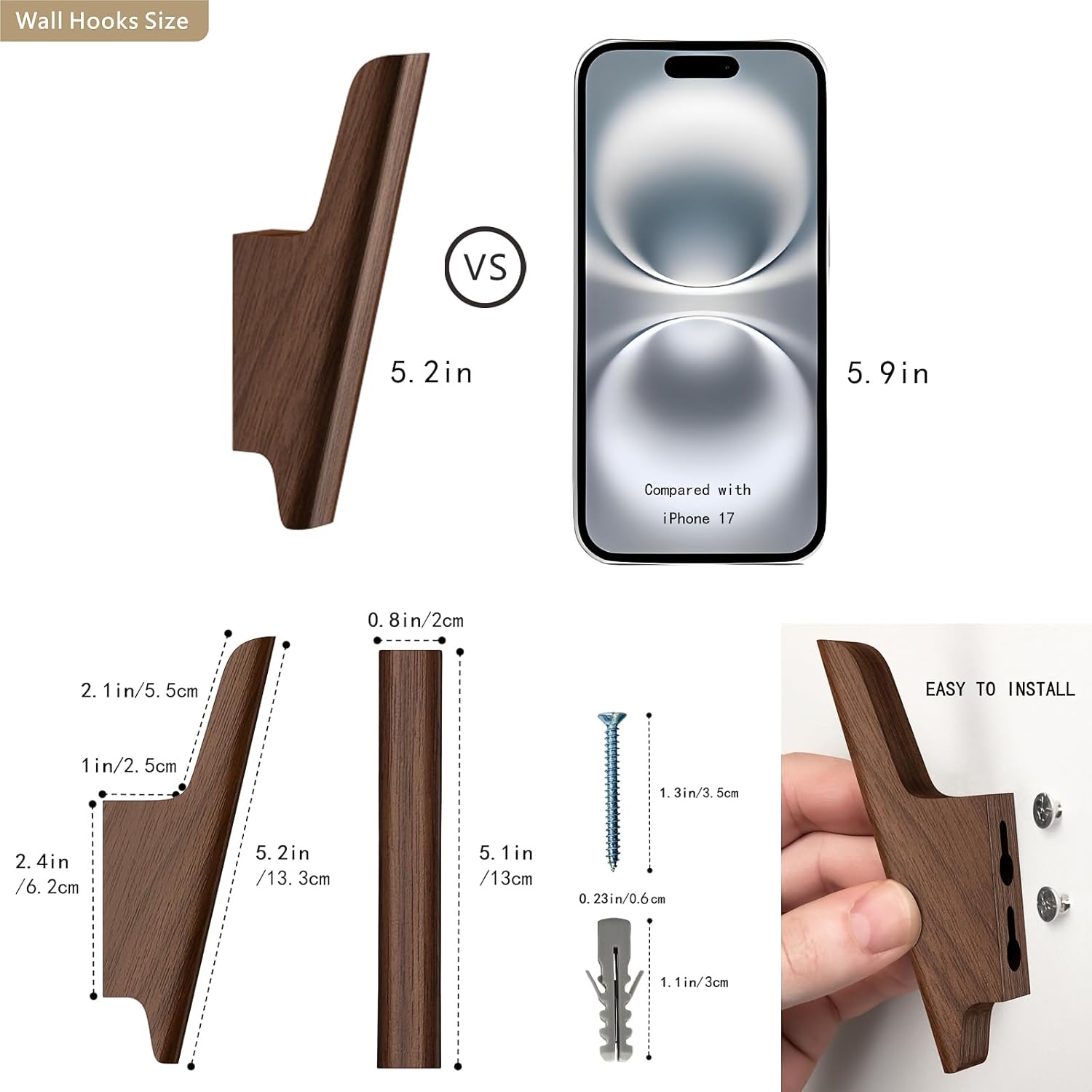Rustic Coat Hooks / Walnut, Dark / Set of 4