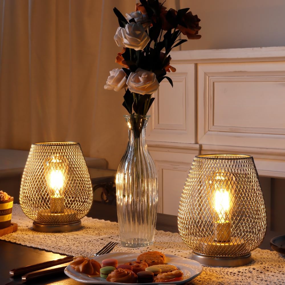 JHY DESIGN Set of 2 Metal Cage LED Lantern Battery Powered Cordless Accent Light with LED Great for Weddings Parties