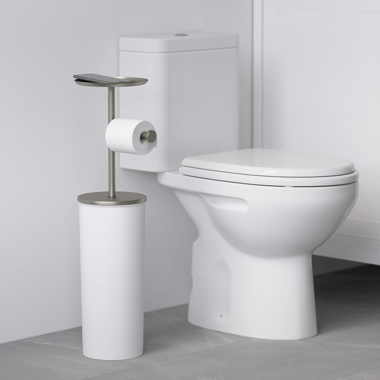 Umbra Portaloo Toilet Paper Stand, Freestanding with Storage, White/Nickel | Steel construction, built-in tray, holds