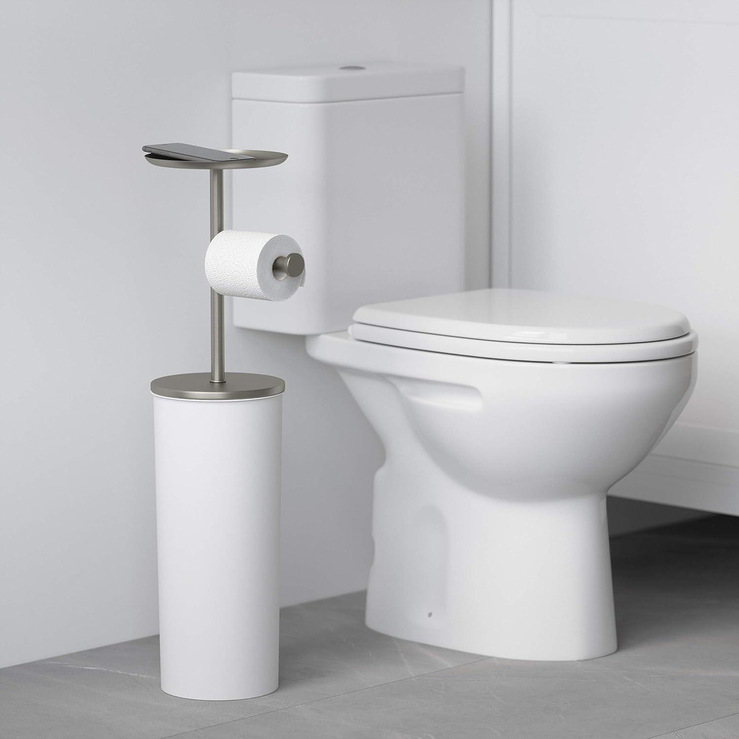 Umbra Portaloo Toilet Paper Stand, Freestanding with Storage, White/Nickel | Steel construction, built-in tray, holds