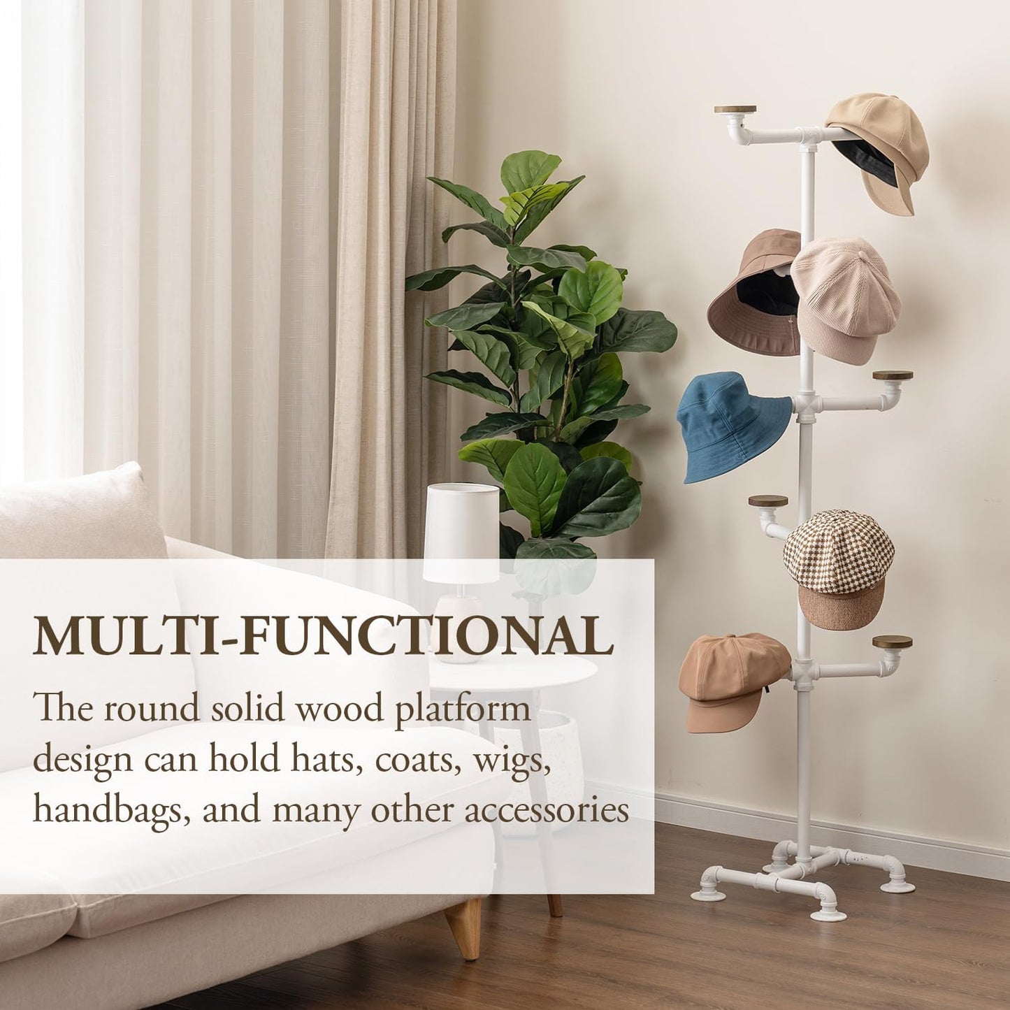 MyGift Hat Organizer Rack, Freestanding Baseball Cap Holder Display, Cowboy Hat Tree Entryway, Decorative Pipework