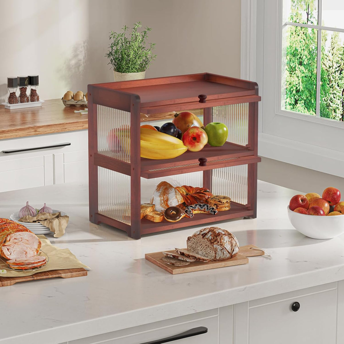 BAMBANG Extra Large Bamboo Bread Box for Kitchen Counter, Double Layer Bread Storage Container Farmhouse Bread Box with
