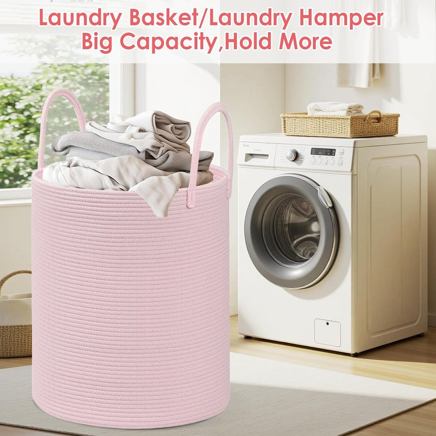 Large Woven Laundry Basket Hamper / Pink / 100L