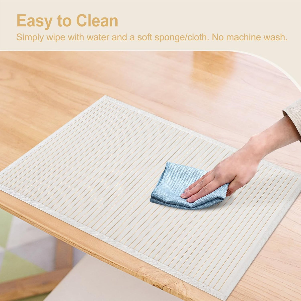 Bamboo Placemats Set of 8 with Fabric Border, Table Mats, White | 18" x 12", Natural Bamboo Rectangular Place Mat, for