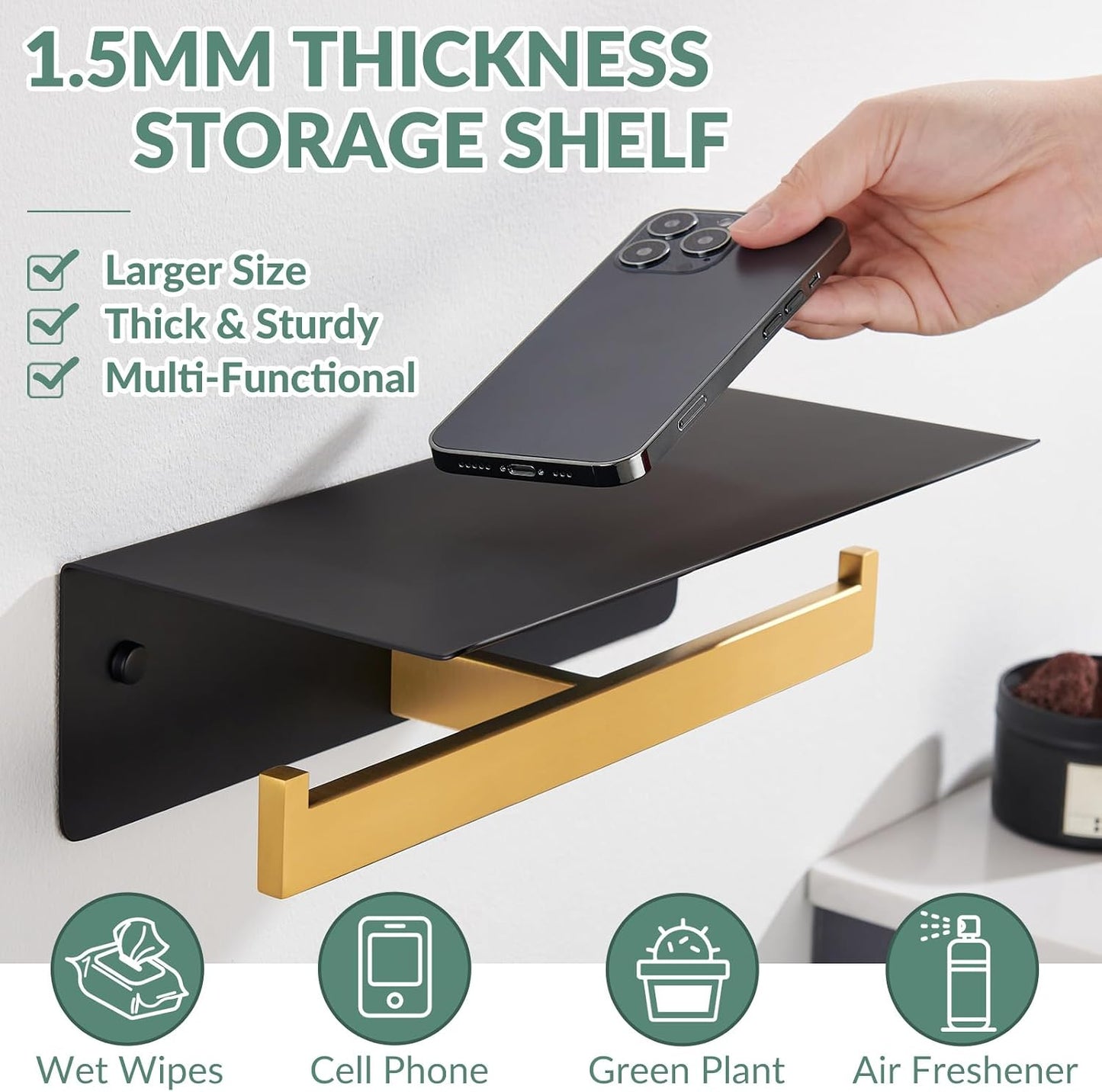 APLusee Double Toilet Paper Holder with Shelf, Black Gold, Wall Mounted | 304 Stainless Steel Tissue Holder, Rustproof