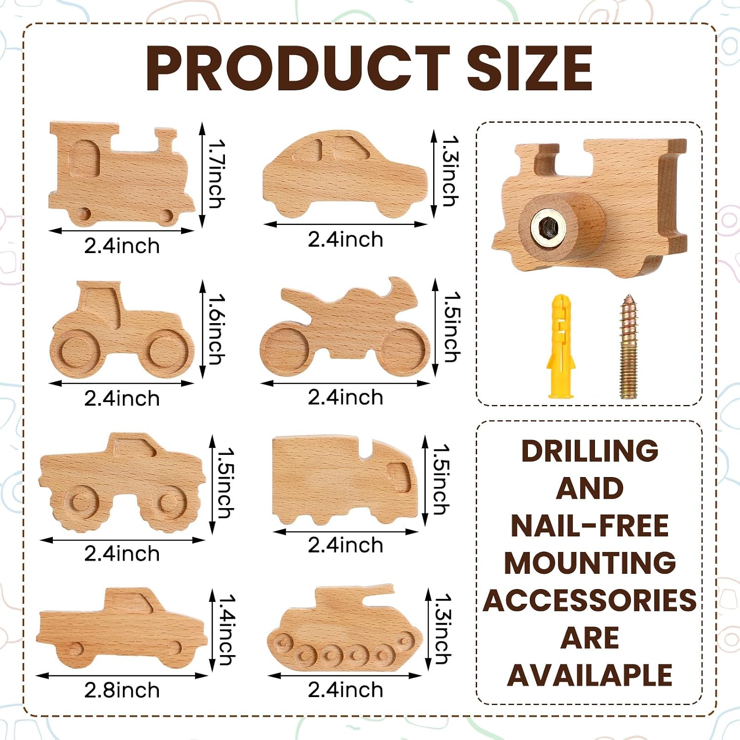 Kids Coat Hooks Wall Mount Car Shaped Wooden Coat Rack for Kids Room Nursery Wood / Cars / Set of 8