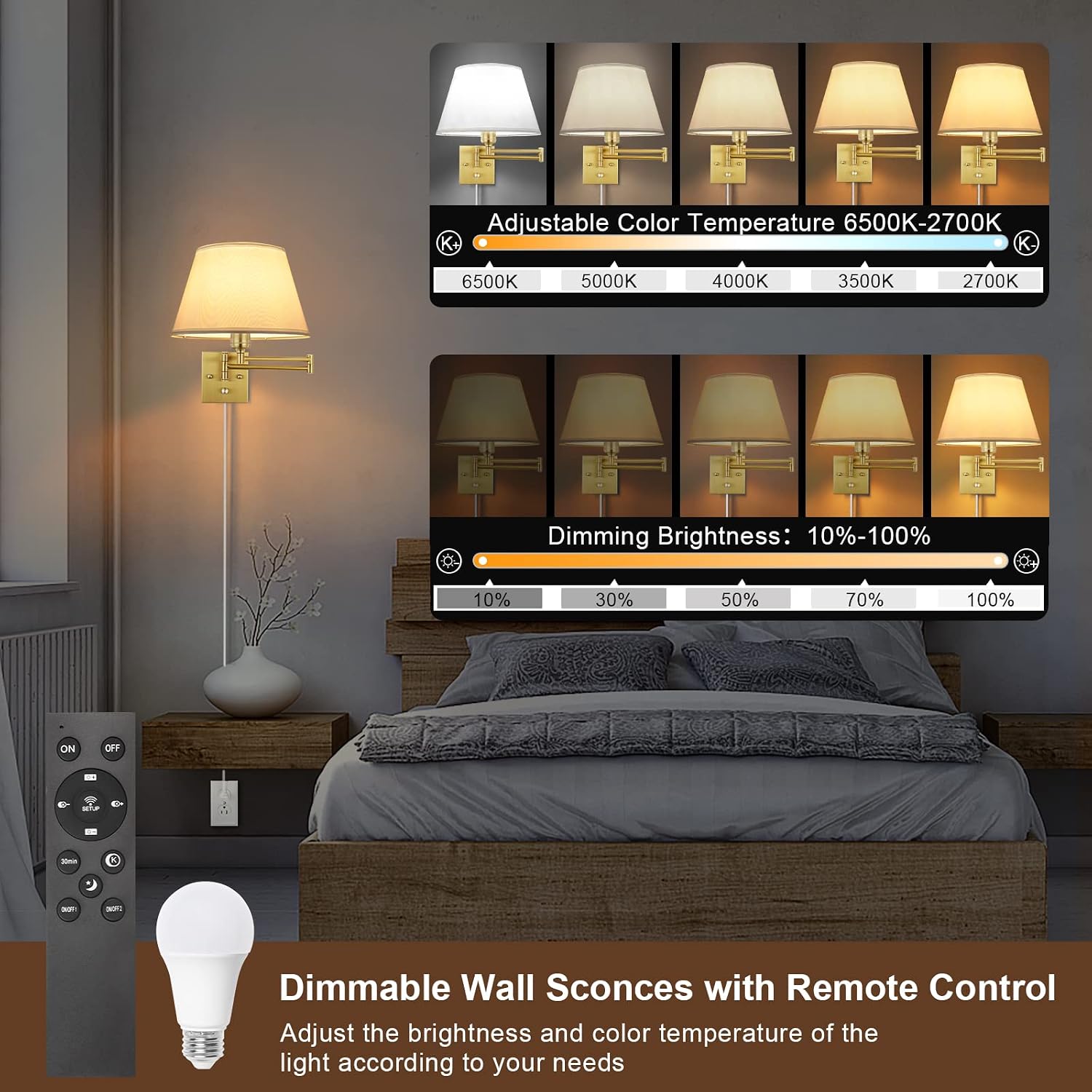 TRLIFE Remote Control Dimmable Wall Sconce, Adjustable Color Temperature 2700K-6500K Brushed Brass Swing Arm Wall