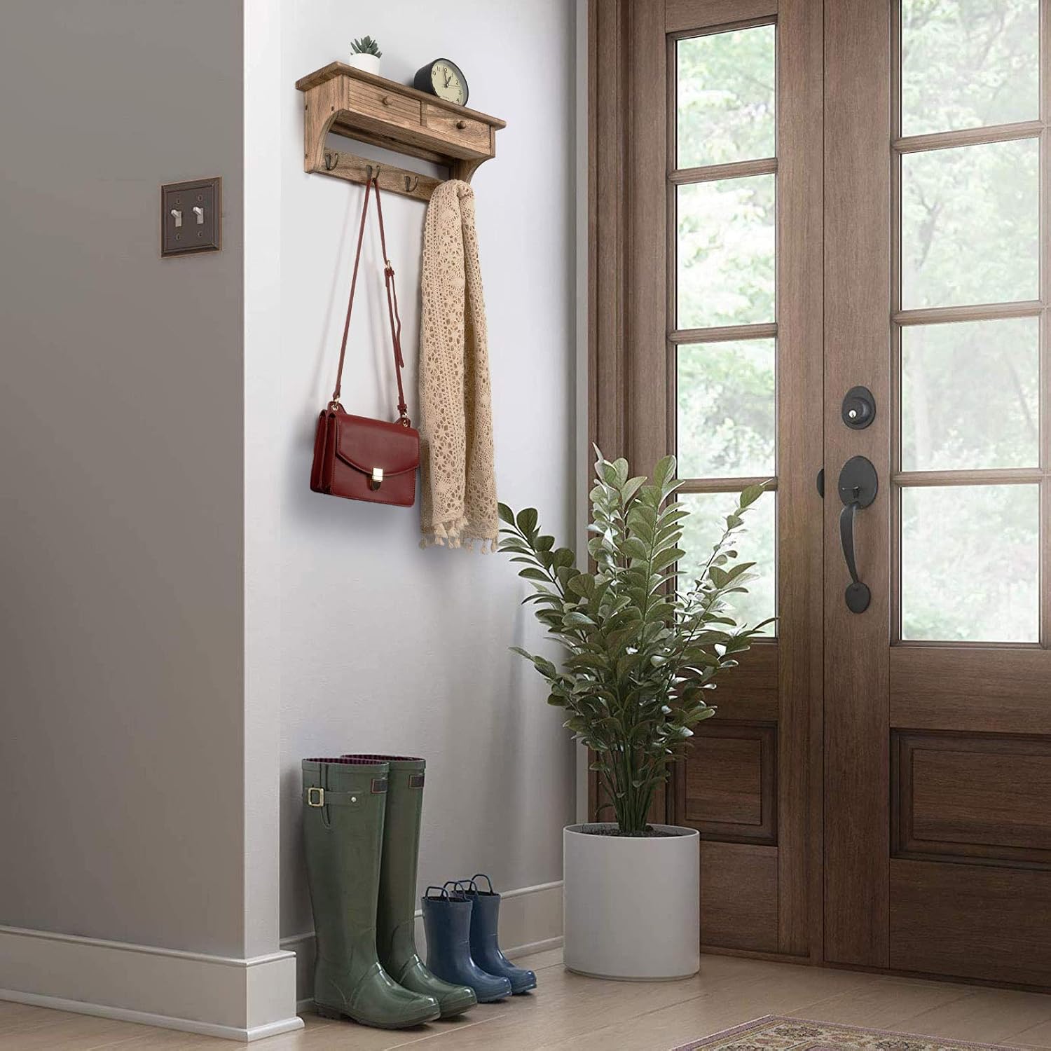 Emfogo Coat Hooks Mounted, Rustic Wood Coat Rack Mount Shelf with Hooks, Farmhouse Coat Rack with Shelf & Coat Hook for