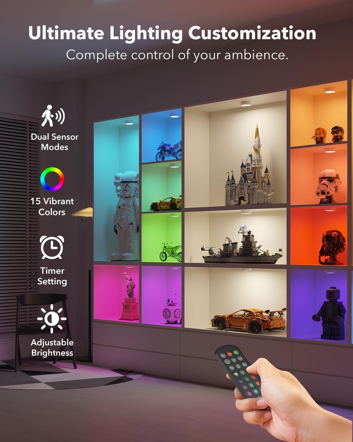 2400mAh USB Rechargeable Puck Lights, RGB Motion Sensor Closet Light | Color Changing, Magnetic,Timer, Wireless Stick