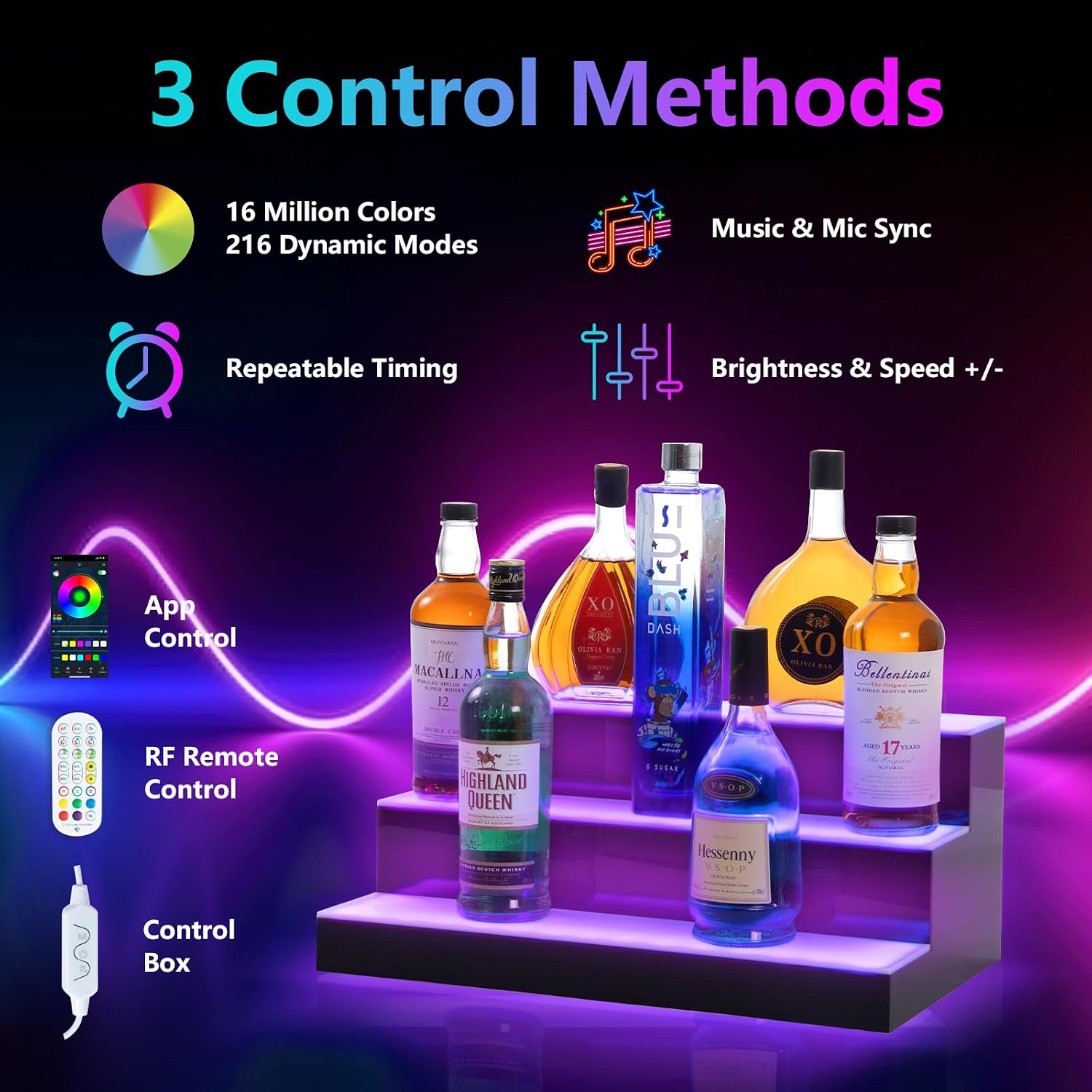 Led Lighted Liquor Bottle Display Shelf, 20 Inch 3 Tier Whiskey Rack, Support USB, Bar Stand with RF Remote & App