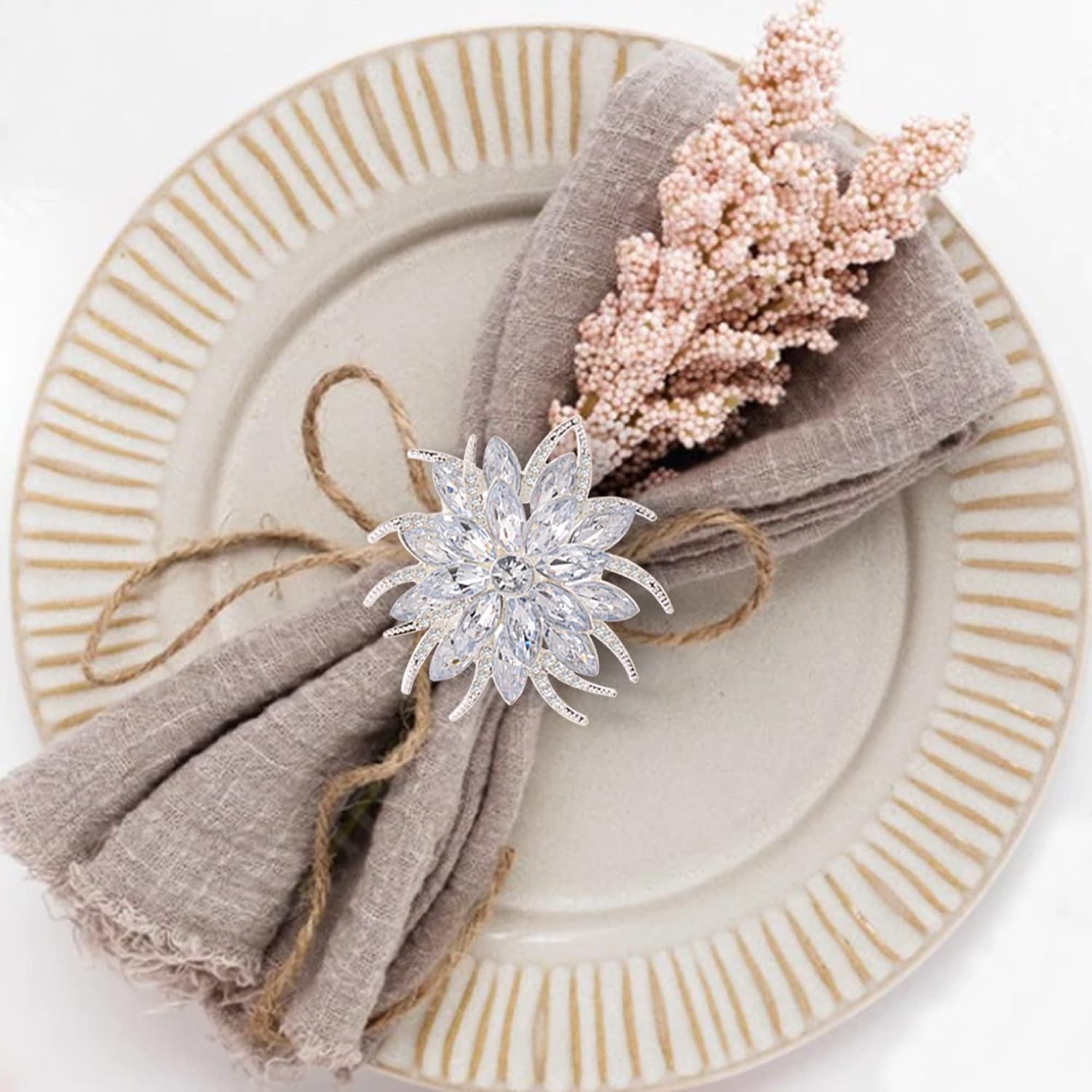 Christmas Flower Napkin Rings Set of 12, Silver Lotus Elegant Rhinestone Napkin Ring Serviette Buckles Holder for