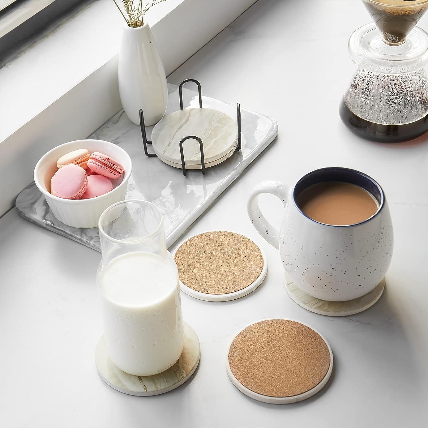Holder / Black Marble Style Ceramic Drink Coaster / Yellow Marble / Set of 6