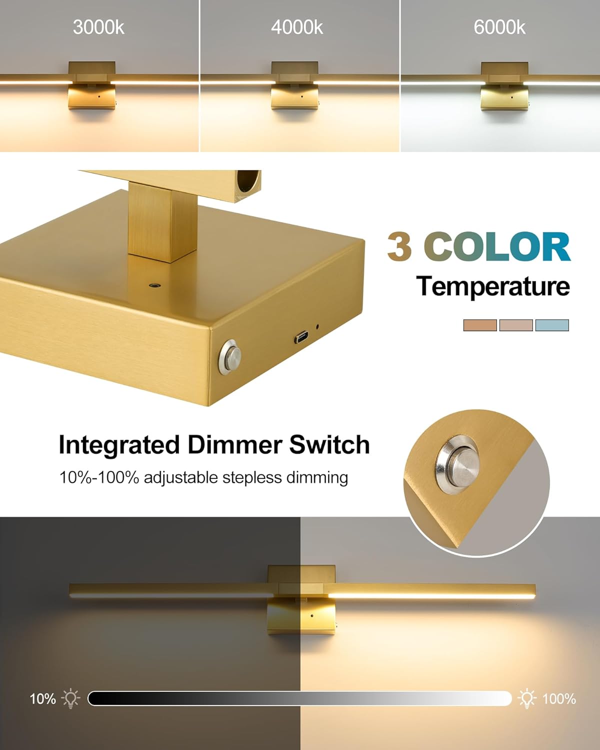 Rayogale Gold Battery Operated Wall Sconces with Remote Control | 3000/4500/6000K Dimmable 8000mAh Wireless