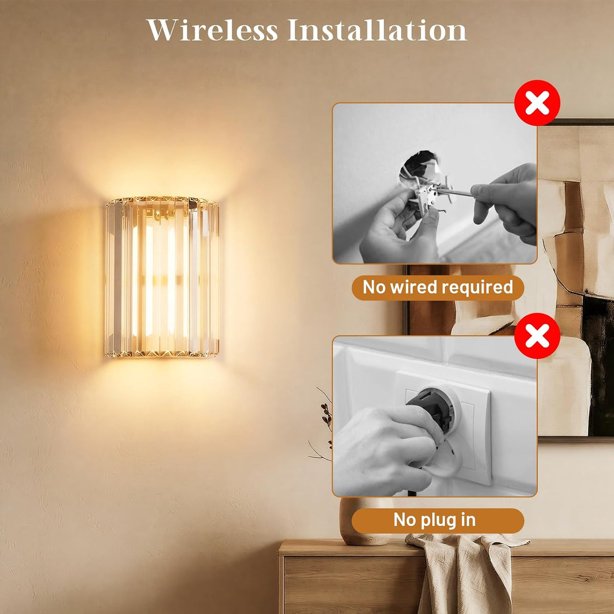 Gold Battery Operated Wall Sconces Set of Two, Crystal Wireless Wall Lights with Remote, Rechargeable Cordless Wall