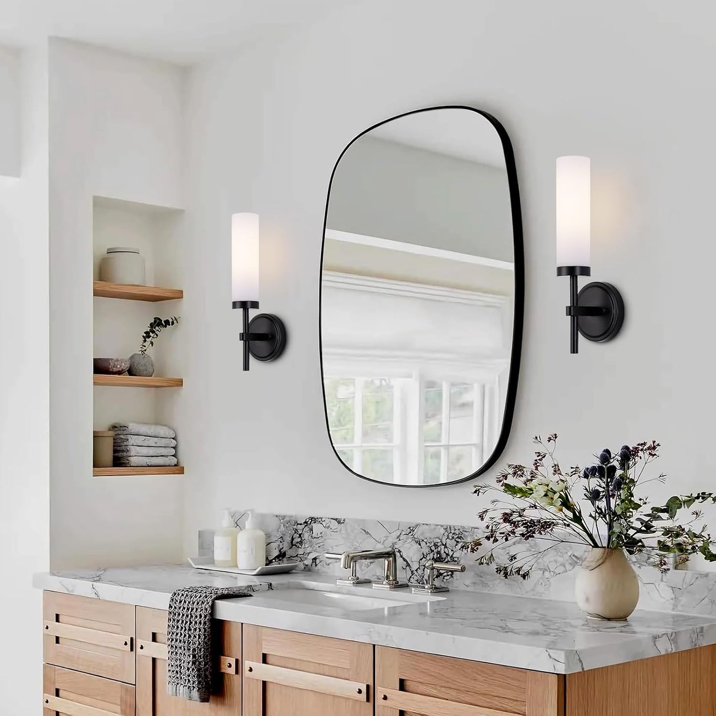 Black Bathroom Wall Sconces Set of 2, Modern Sconces Wall Lighting Vanity Lights with Opal White Glass Shade, Farmhouse