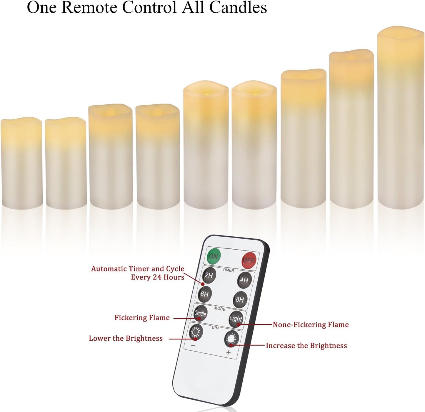 Vickiss Flameless Candles Battery Operated Candles 4" 5" 6" 7" 8" 9" Set of 9 Ivory Real Wax Pillar LED Candles with