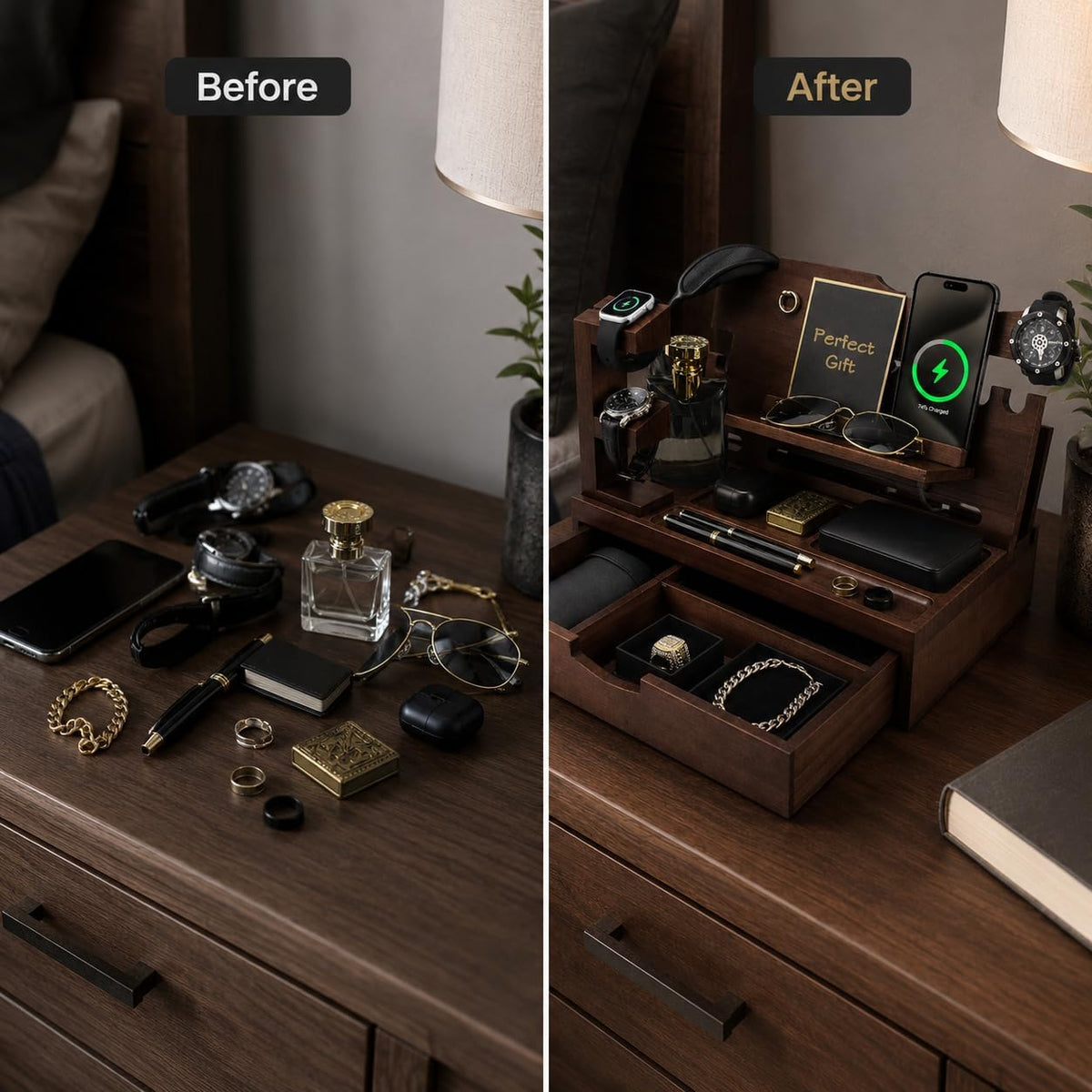 Nightstand Organizer for Men with Large Drawer, Wood Phone Docking Station for Phone, Apple Watch, Wallet & Keys, Ideal