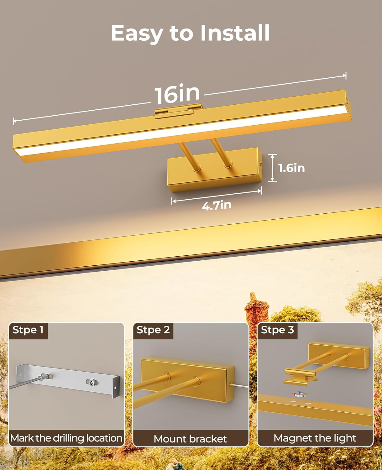 Picture Light for Wall, 16in Battery Wall Sconce Art Light CCT Dimmable Magnetic Battery Lights for Painting with
