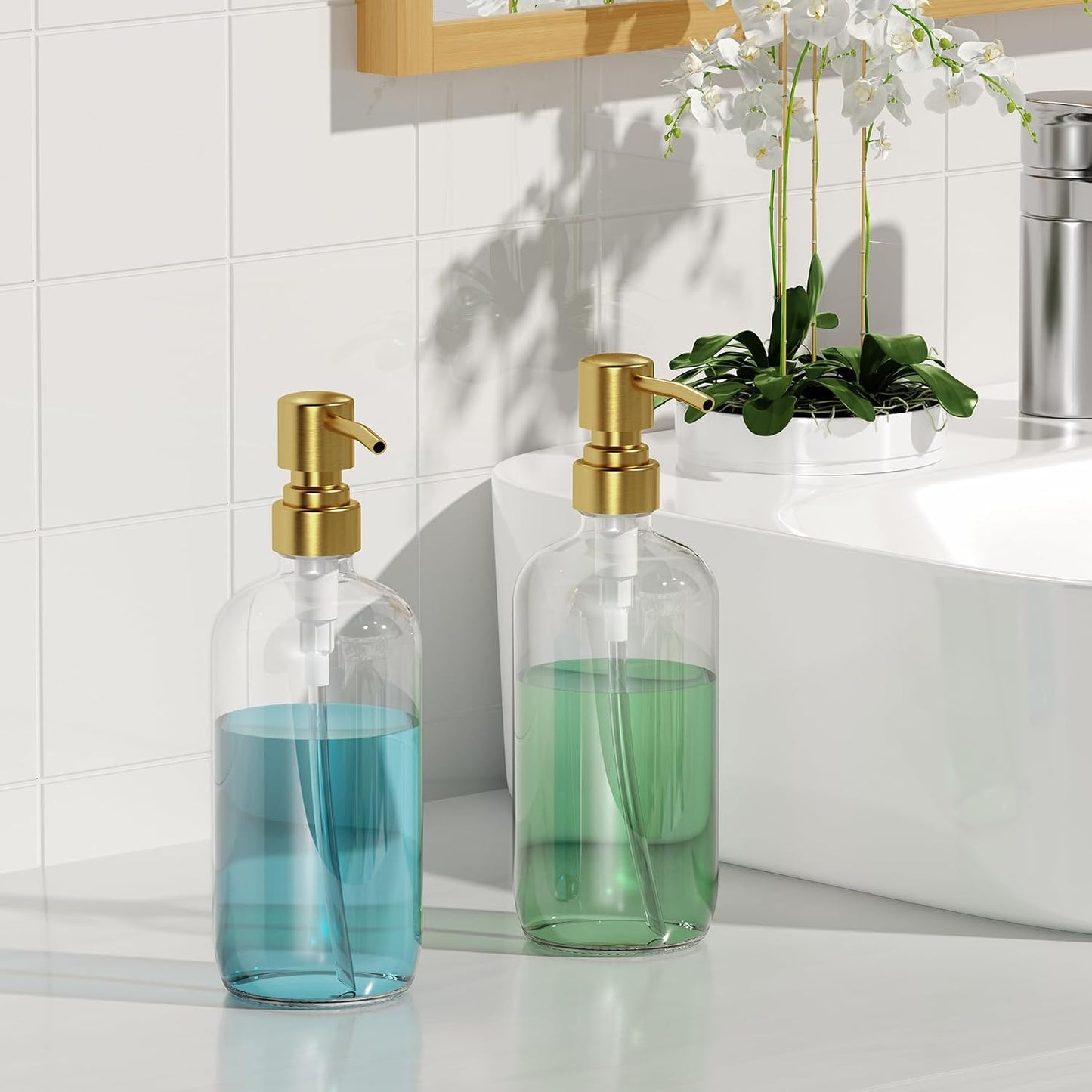 AmazerBath Soap Dispenser, 2 Pack Glass Soap Dispenser with Pump Stainless Steel, 17 Oz Clear Gold Hand Soap Dispensers