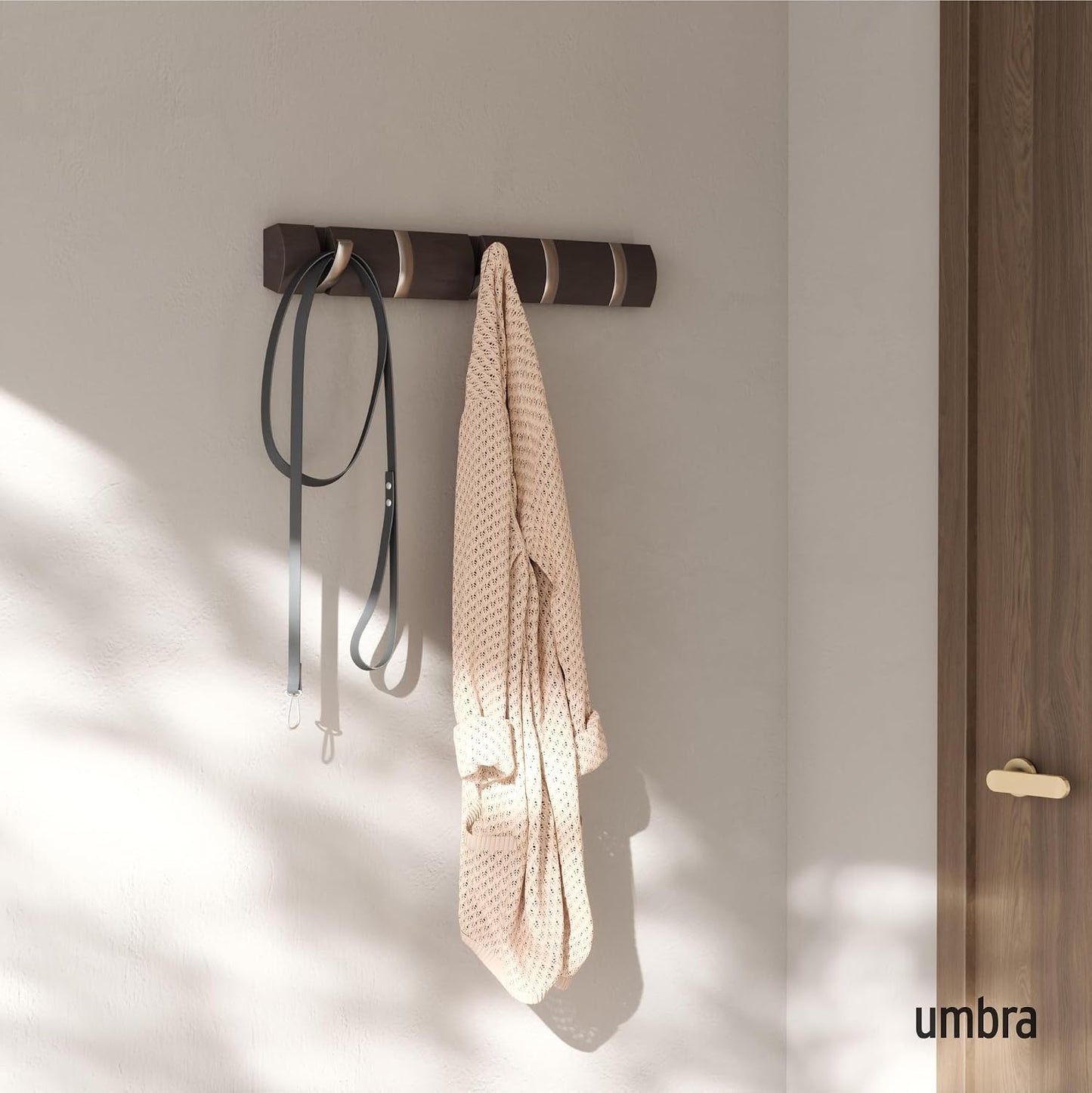 Umbra Flip Coat Rack, Wall Mounted 5-Hook Space Saving, Driftwood/Nickel | Real wood and steel build, retractable hooks